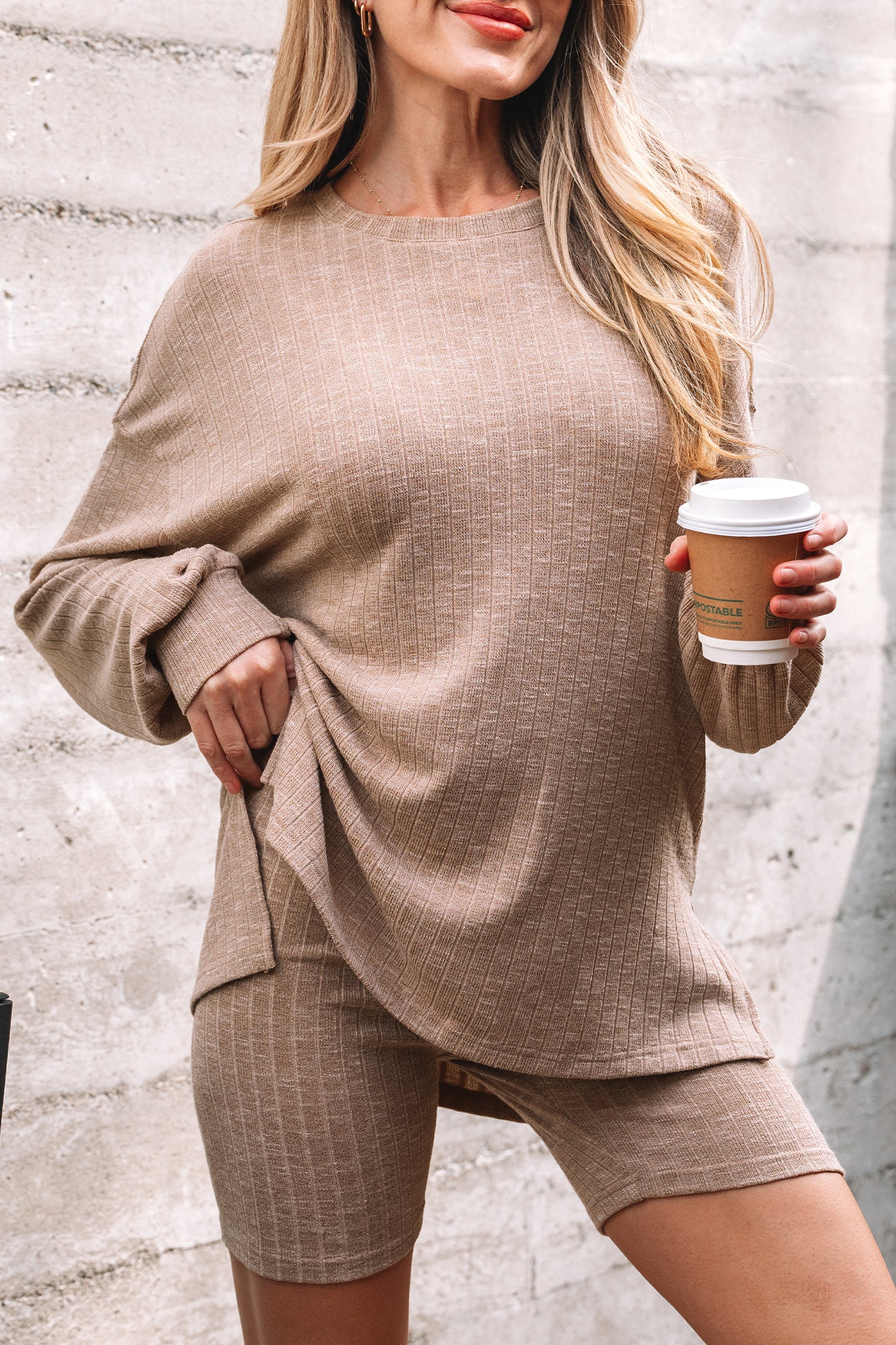 Dark Khaki Ribbed Balloon Sleeve Pullover Top and Biker Knitted Short Set