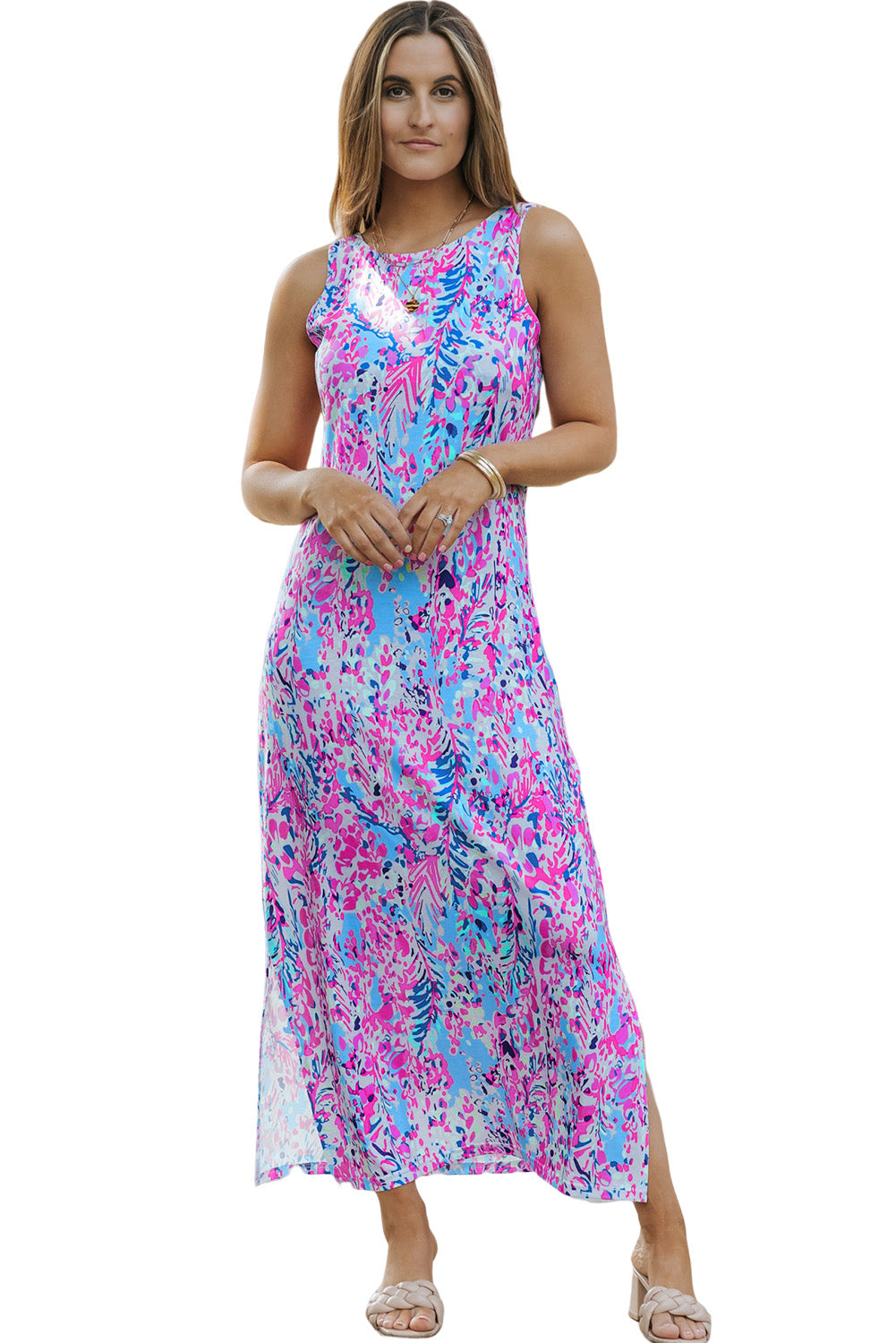 Purple Abstract Floral Print Sleeveless Maxi Dress