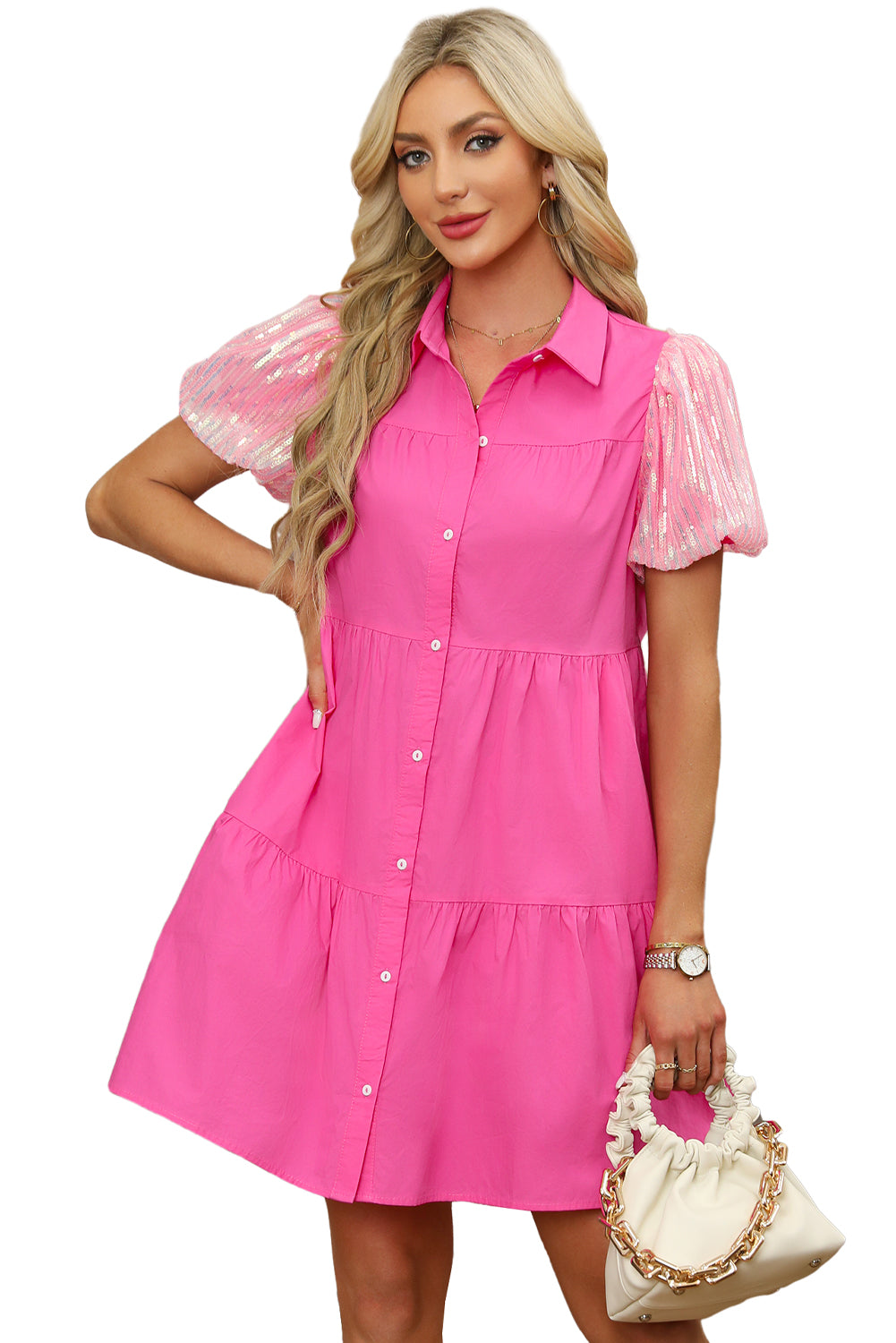 Bonbon Sequined Bubble Sleeve Tiered Ruffled Shirt Dress