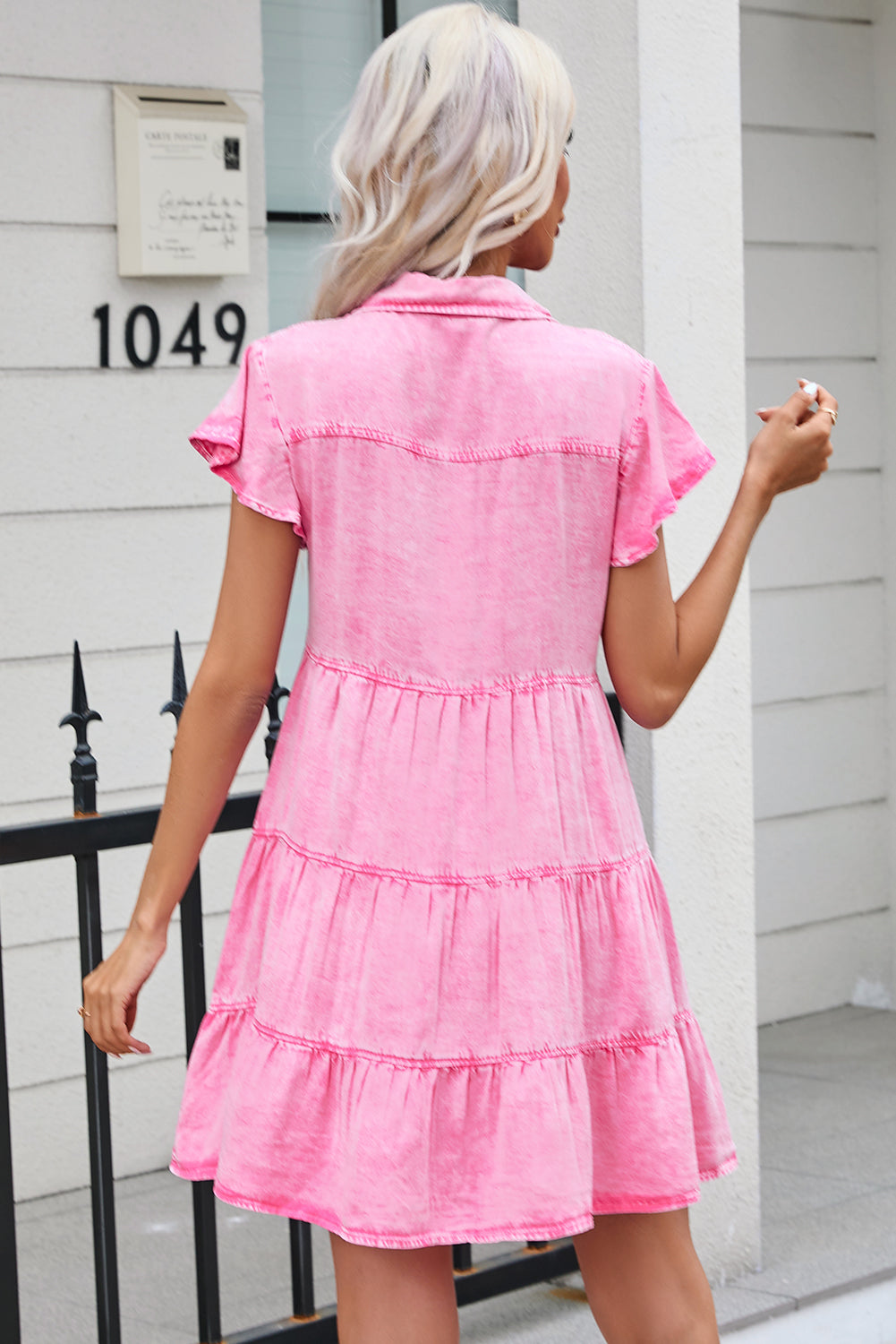 Bonbon Mineral Washed Ruffle Sleeve Tiered Chambray Dress