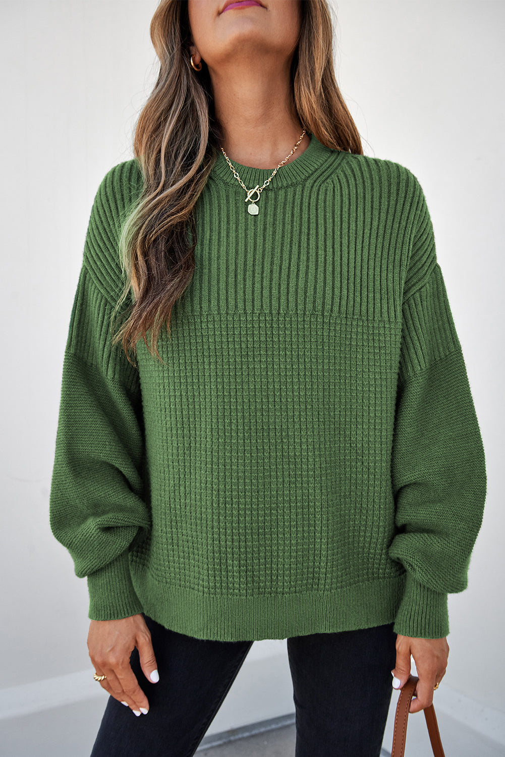 Vineyard Green Solid Color Mixed Textured Knitted Crew Neck Sweater