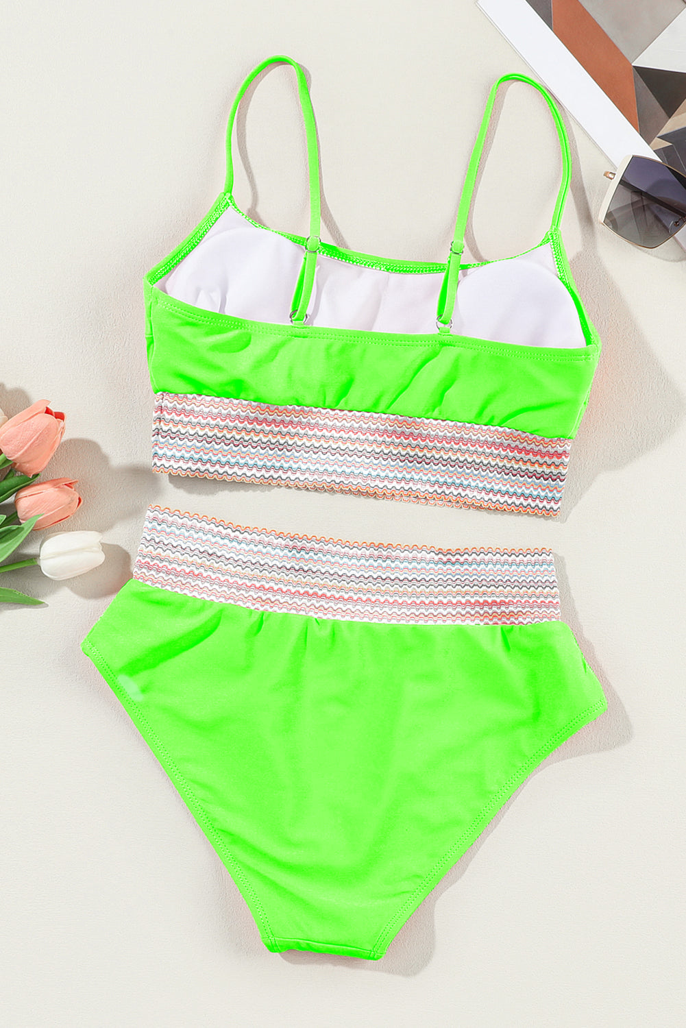 Green Striped Patchwork Spaghetti Strap High Waist Bikini Swimsuit