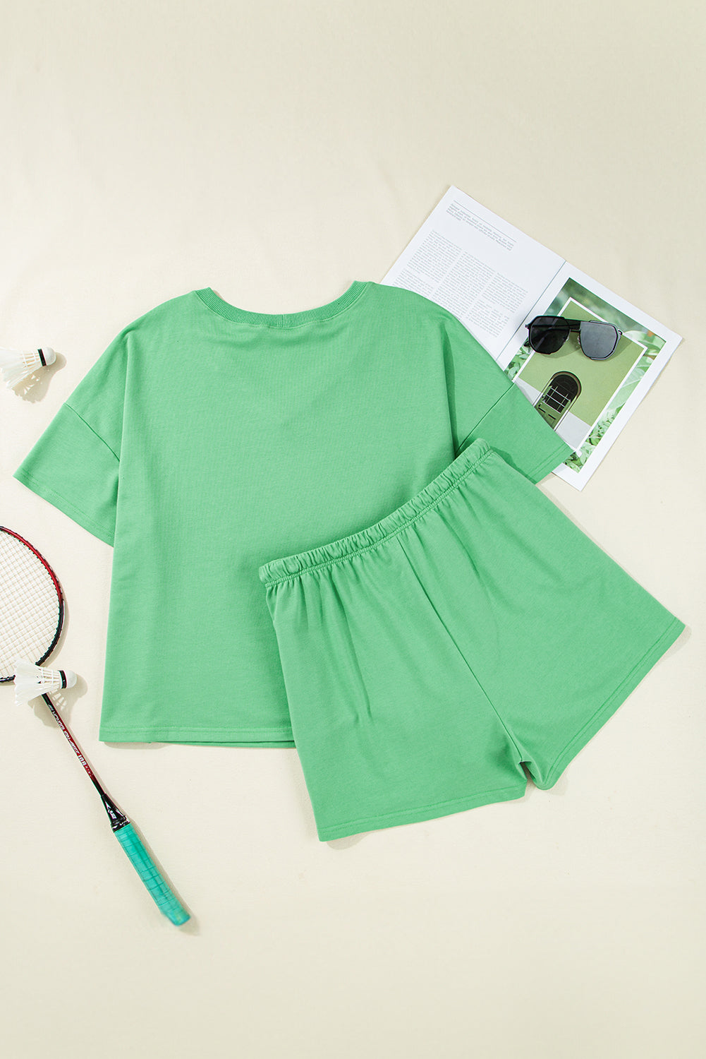 Mint Green Plus Size V Neck Tee Patched Pocket Drawstring Shorts Set