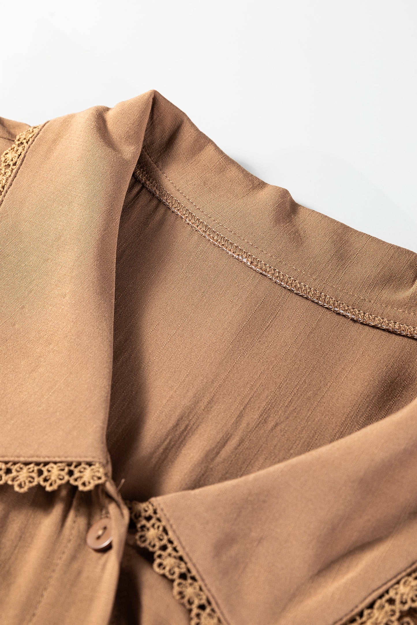 Straw Yellow Lace Trim Peter Pan Collar Long Sleeve Mini Shirt Dress