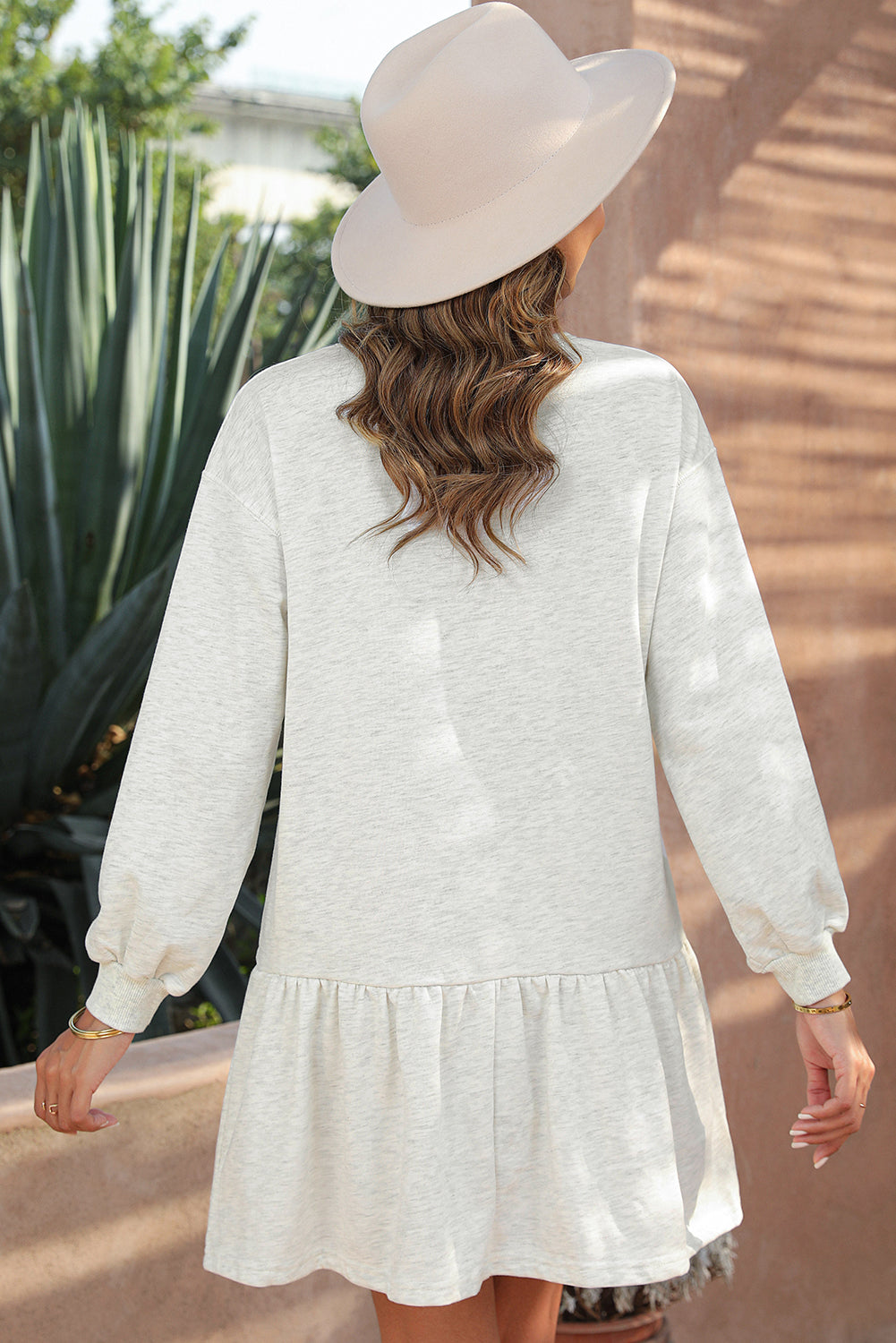 White Solid Color Puff Sleeve Ruffle Hem Mini Dress