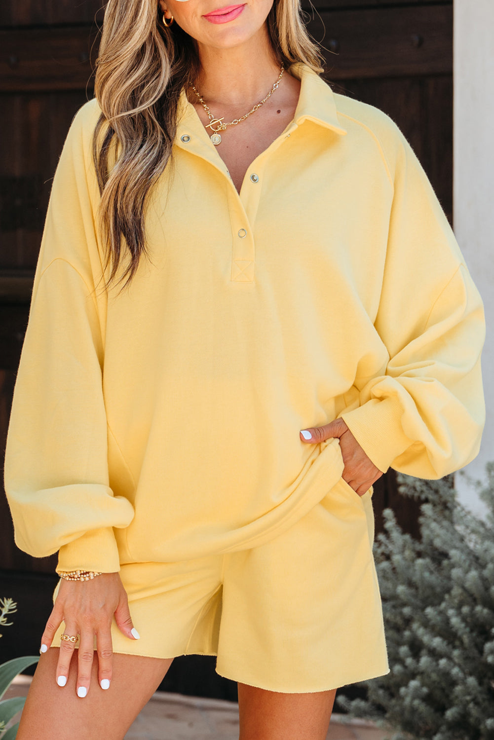 Yellow Cream Button Collar Drop Shoulder Pullover and Shorts 2pcs Outfit