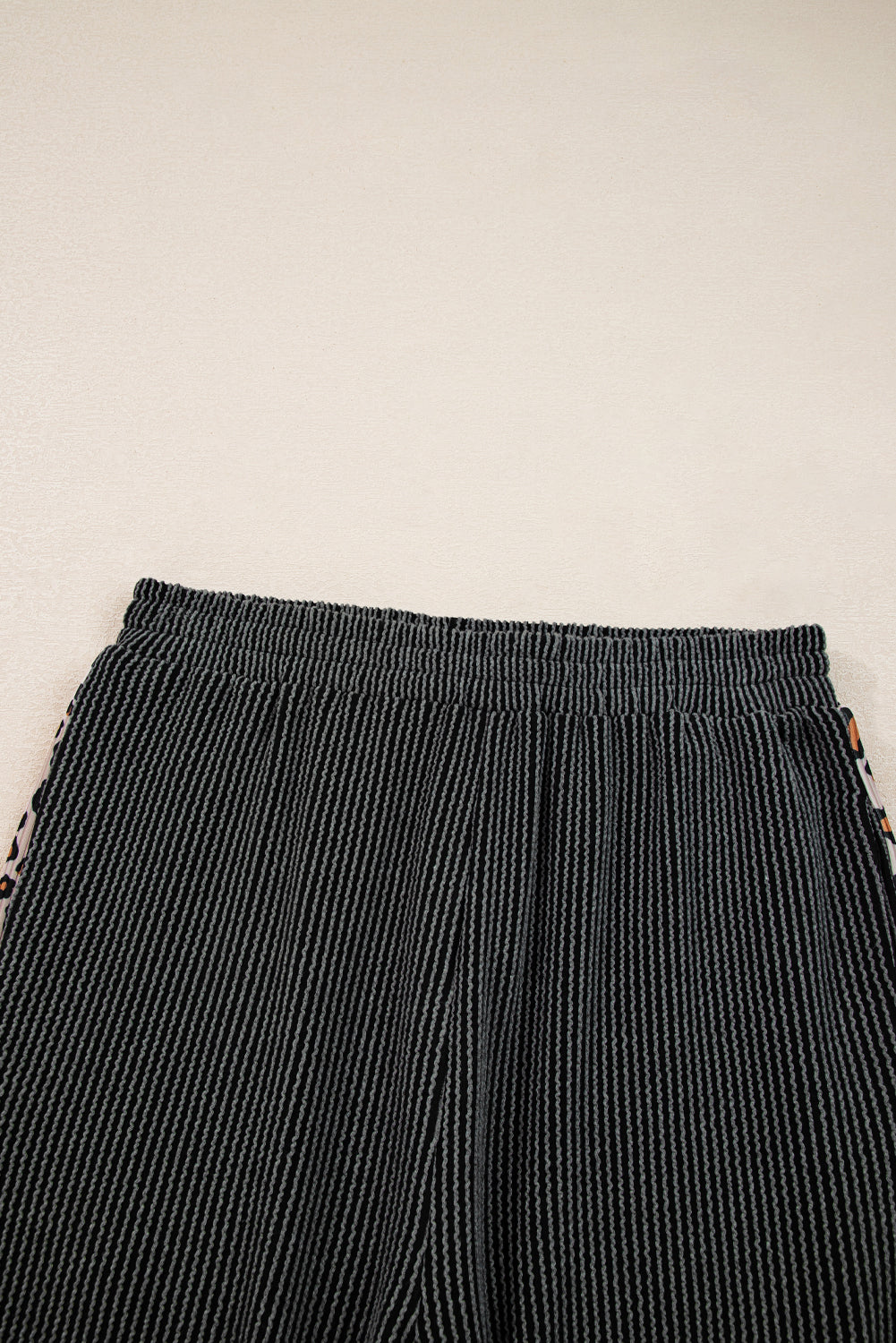 Carbon Grey Twisted Rib Texture Leopard Patchwork Detail 2pcs Pant Set