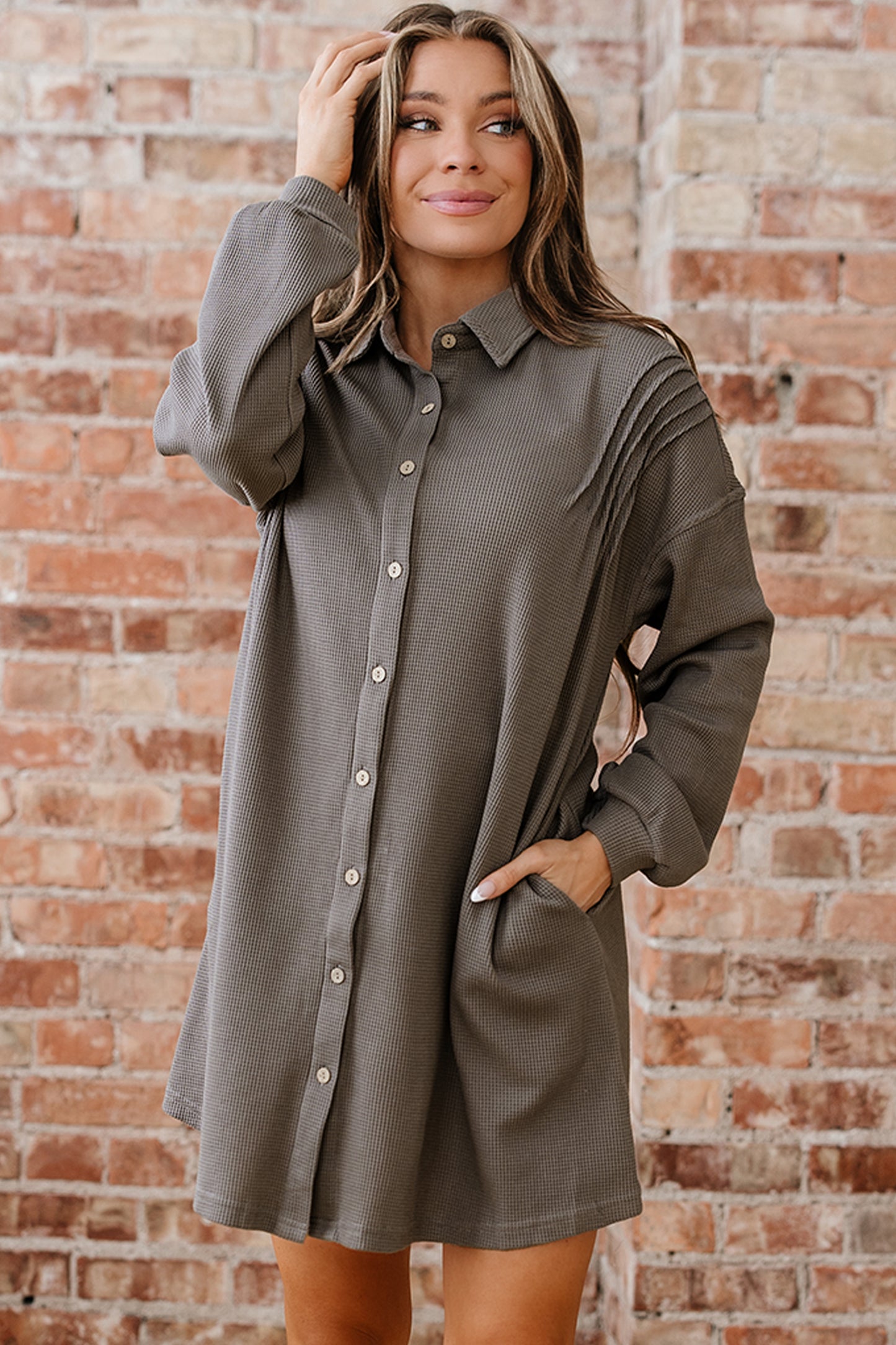 Simply Taupe Waffle Knit Shirt Tunic Dress