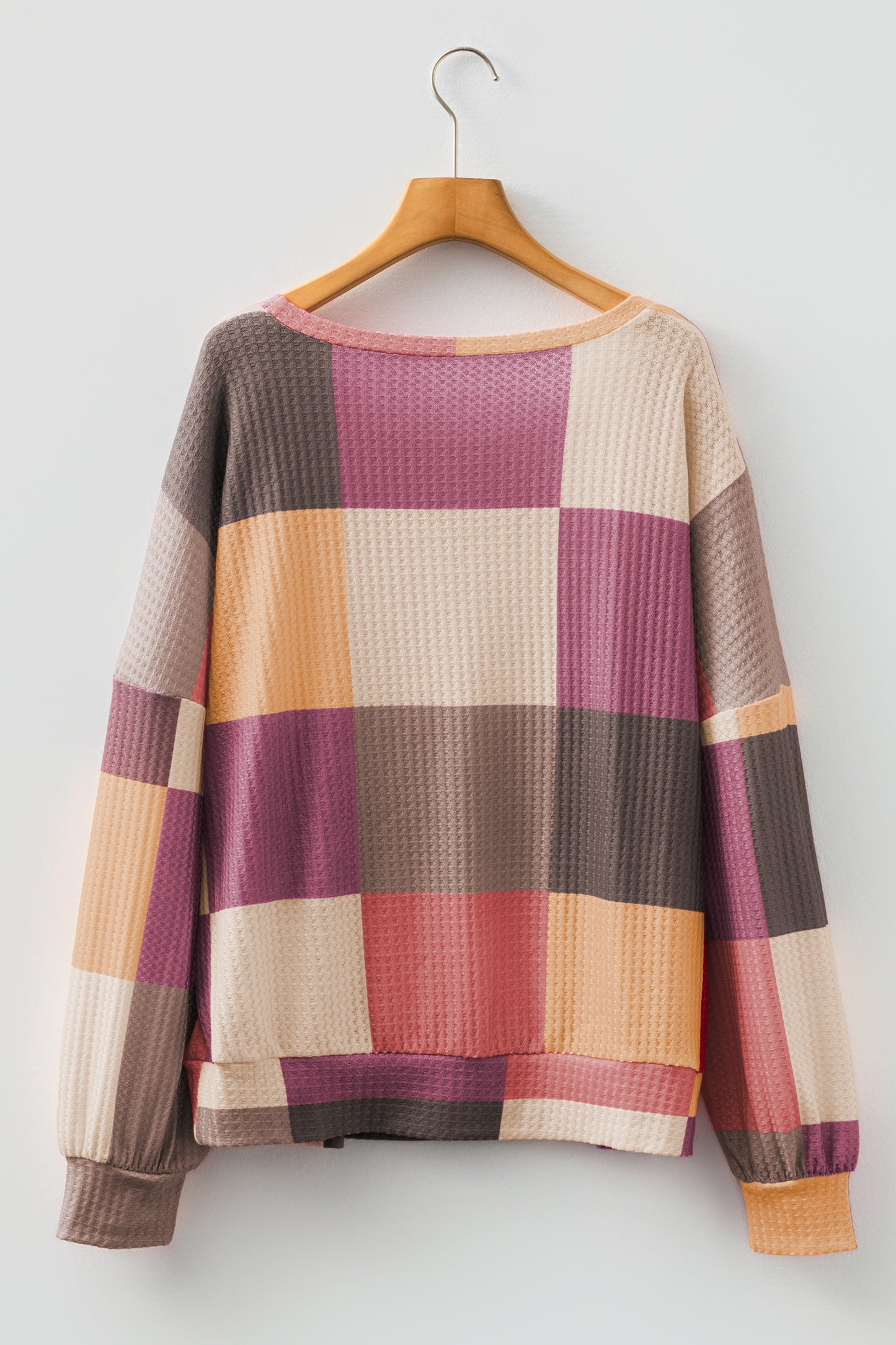 Rose Red Checkered Print Textured Knit Long Sleeve Loose Top