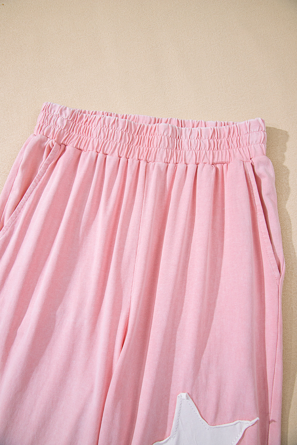 Light Pink Acid Wash Star Patched Rolled Trim Pants Set