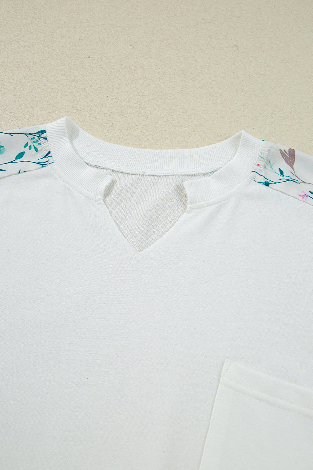 White Floral Colorblock Patchwork Chest Pocket Notched Neck Long Sleeve Top