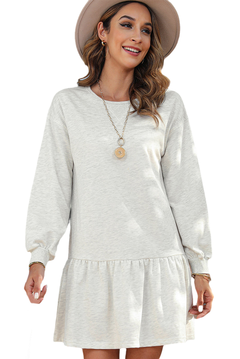 White Solid Color Puff Sleeve Ruffle Hem Mini Dress