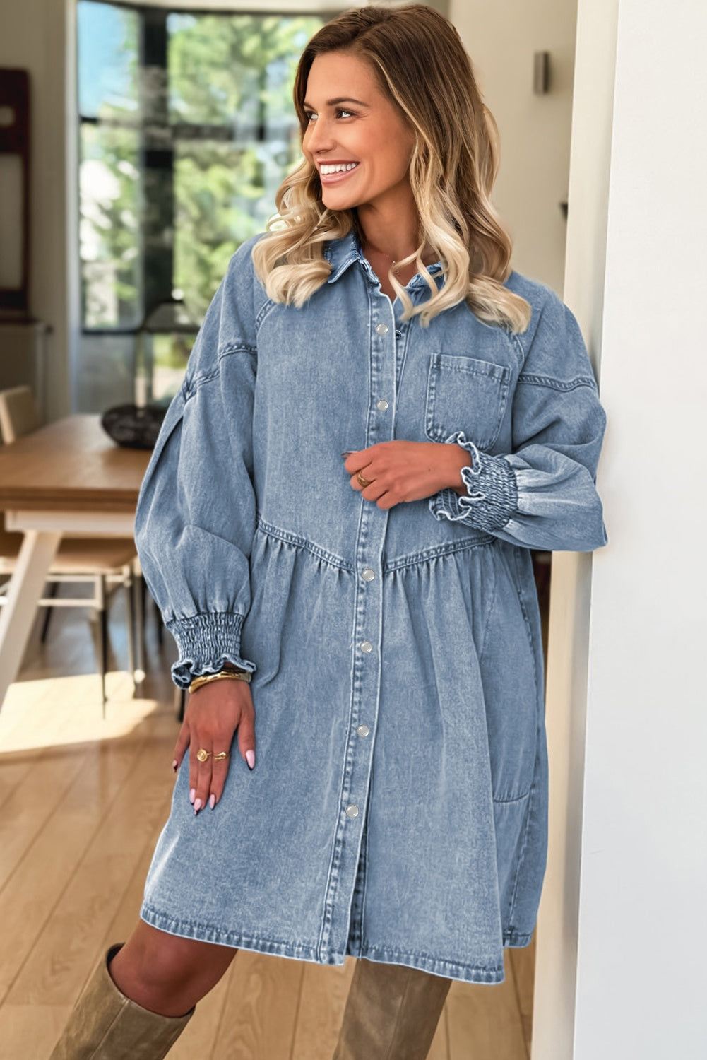 Beau Blue Smocked Cuffs Flared Denim Shirt Mini Dress
