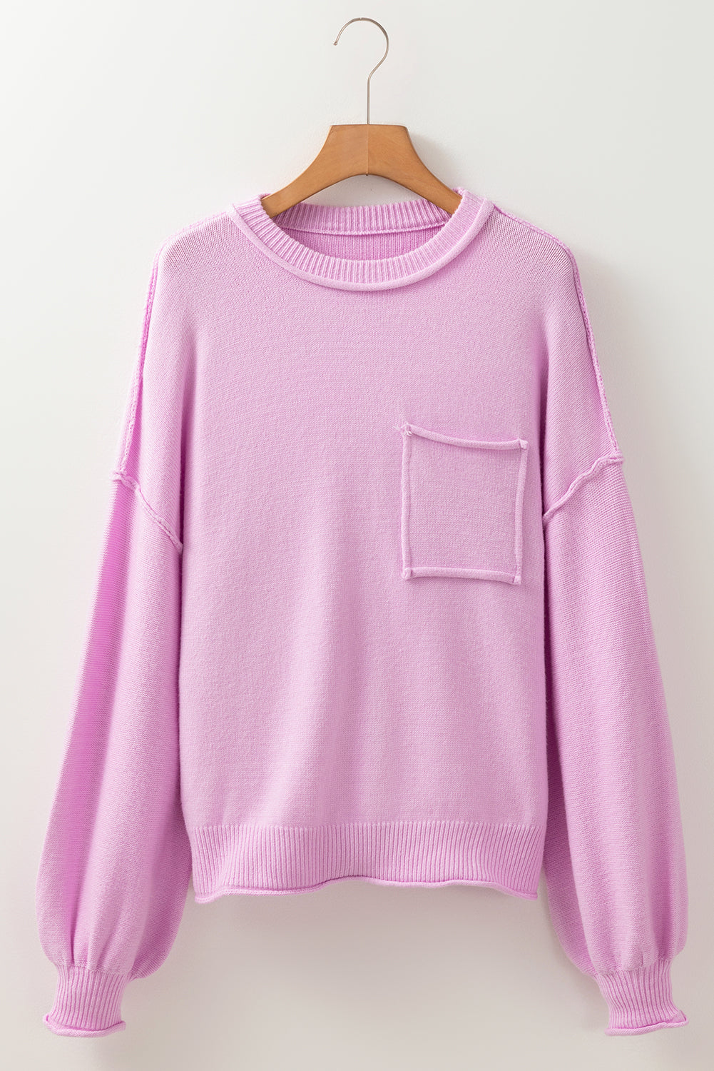 Pink Raw Edge Ribbed Detail Drop Shoulder Sweater /