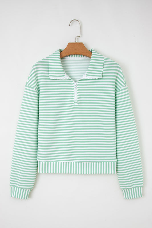 Green Stripe Quarter Zip Collar Pullover Long Sleeve Top