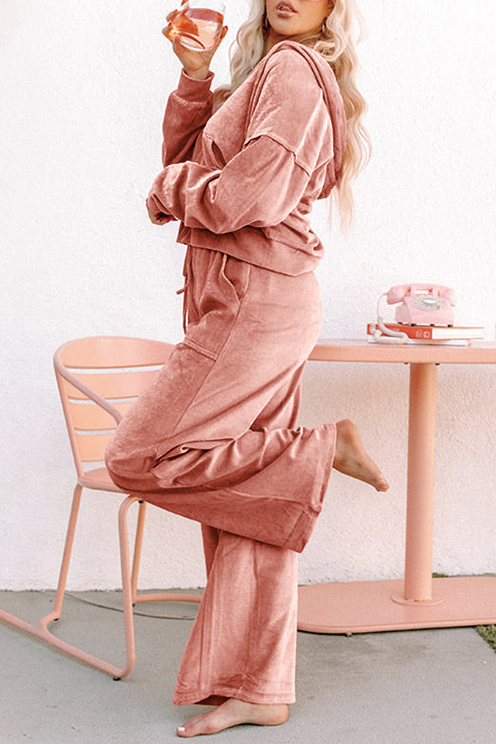 Peach Blossom Velvet Zip-up Hoodie and Wide Leg Pants Set 1