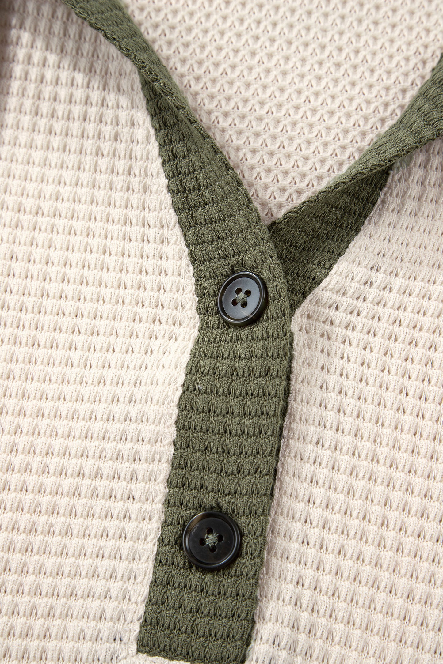 White Waffle Contrast Half Buttoned Hooded Pullover Top