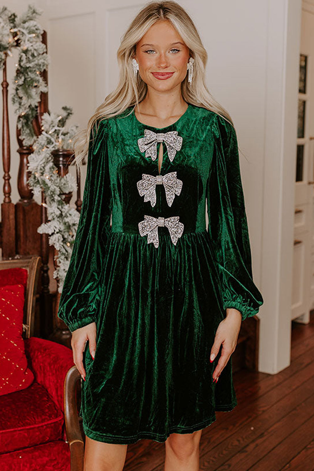 Evergreen Bowknot Decor High Waist Velvet Mini Dress 11 1