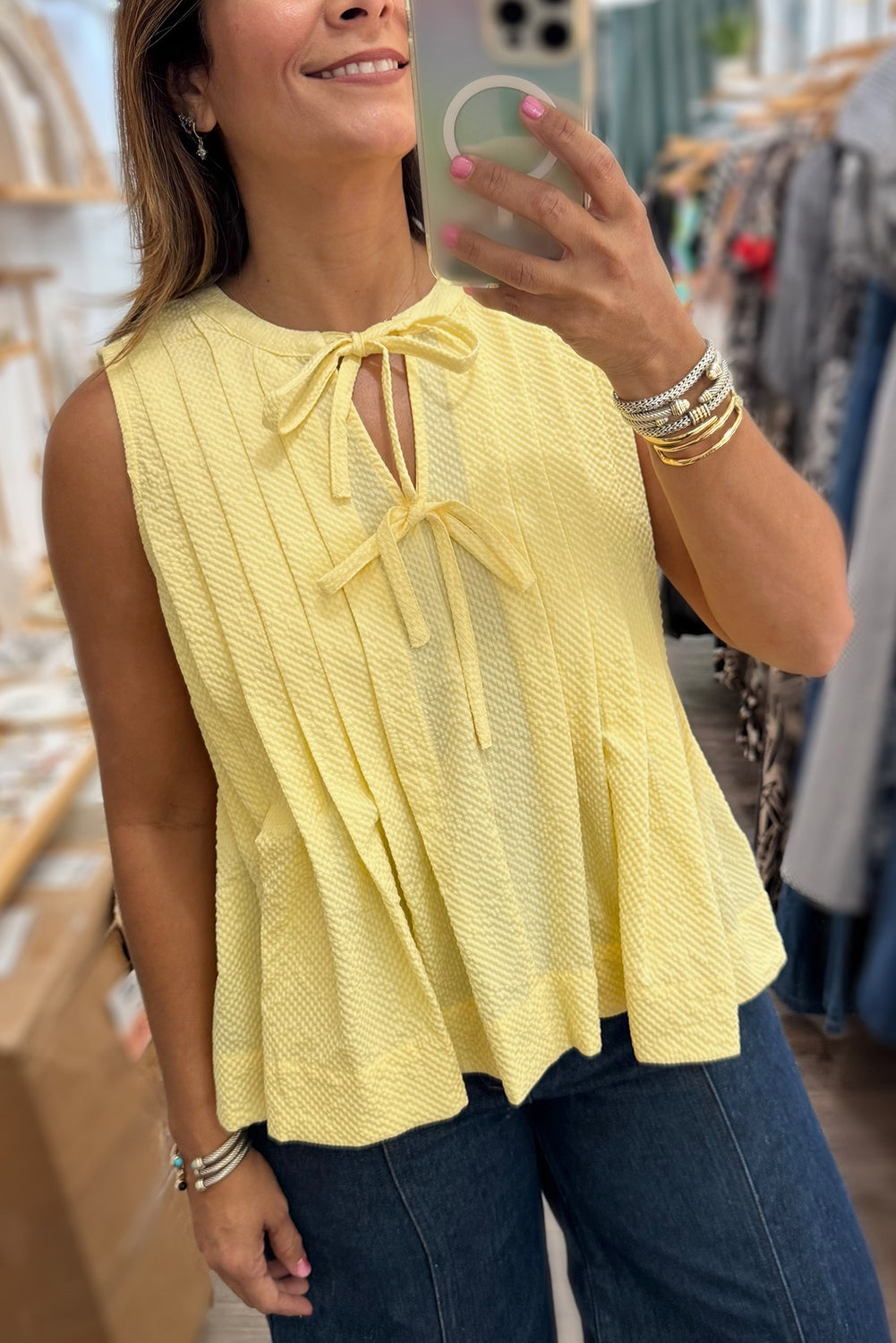 Yellow Cream Bow Tie Notched Neck Pleated Tank Top