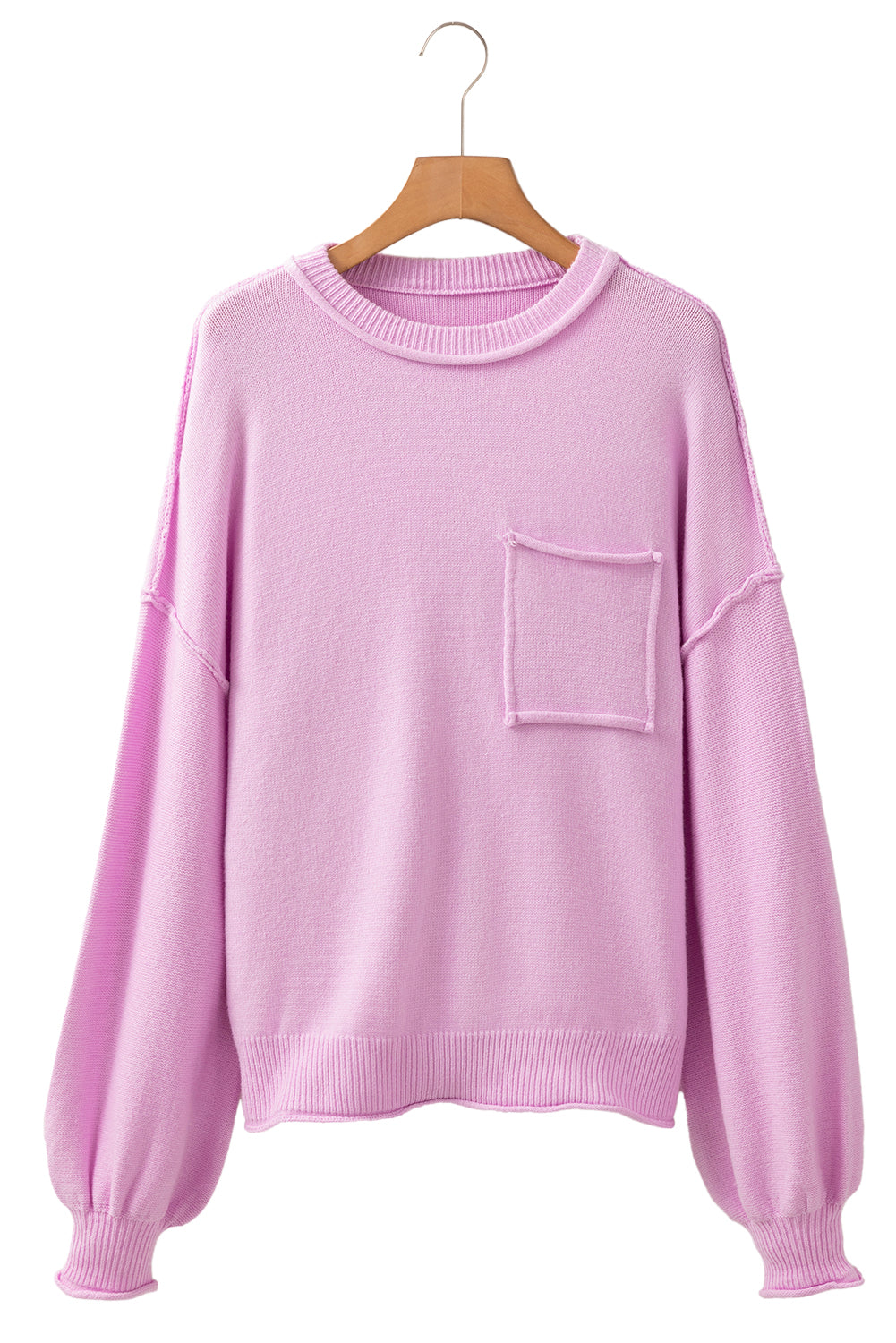 Pink Raw Edge Ribbed Detail Drop Shoulder Sweater /