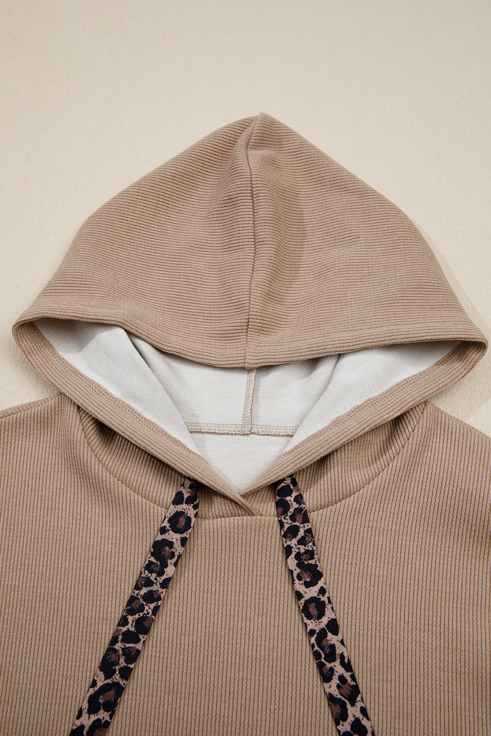 Dark Khaki Thermal Textured Leopard Drawstring Baggy Hoodie