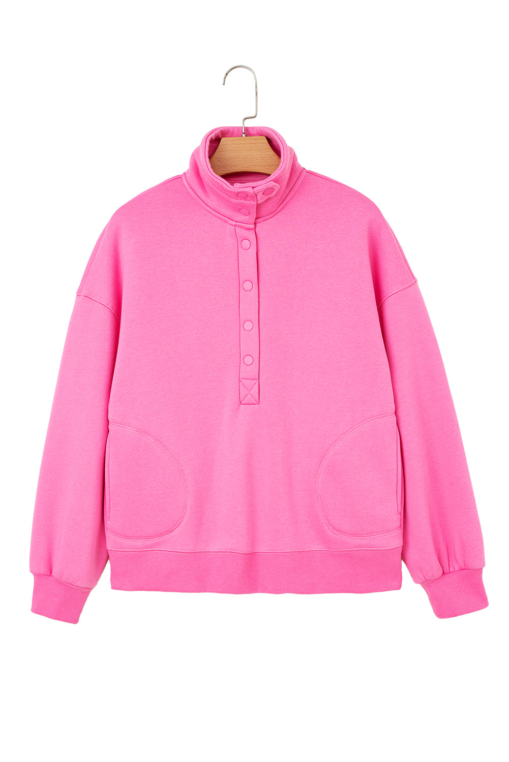 Bright Pink Half Button Stand Neck Drop Shoulder Sweatshirt