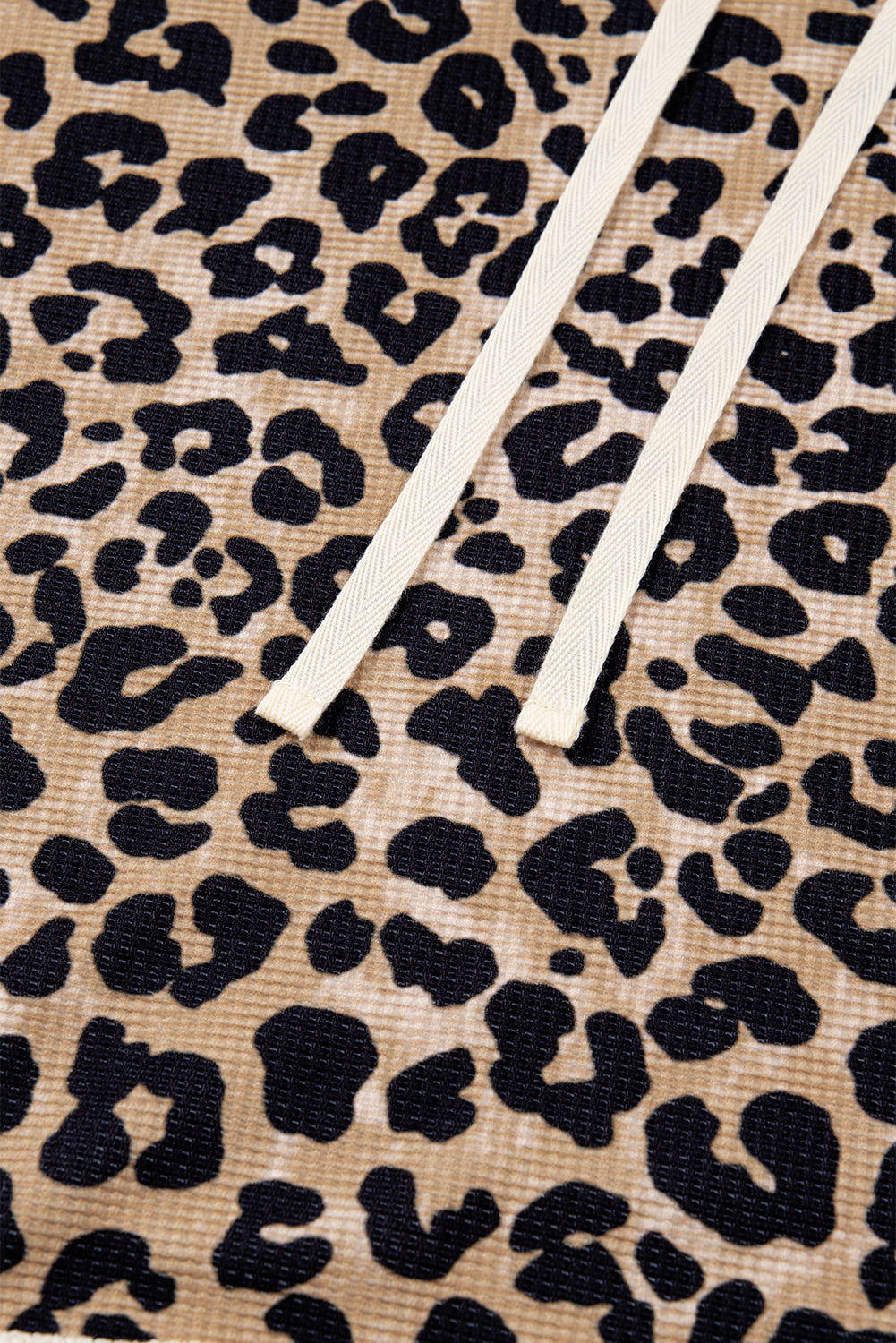 Leopard Print Waffle Contrast Kangaroo Pocket Hooded Sweatshirt