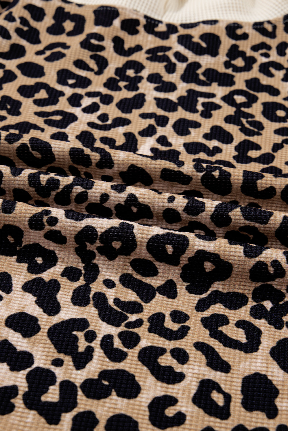 Leopard Print Waffle Contrast Kangaroo Pocket Hooded Sweatshirt