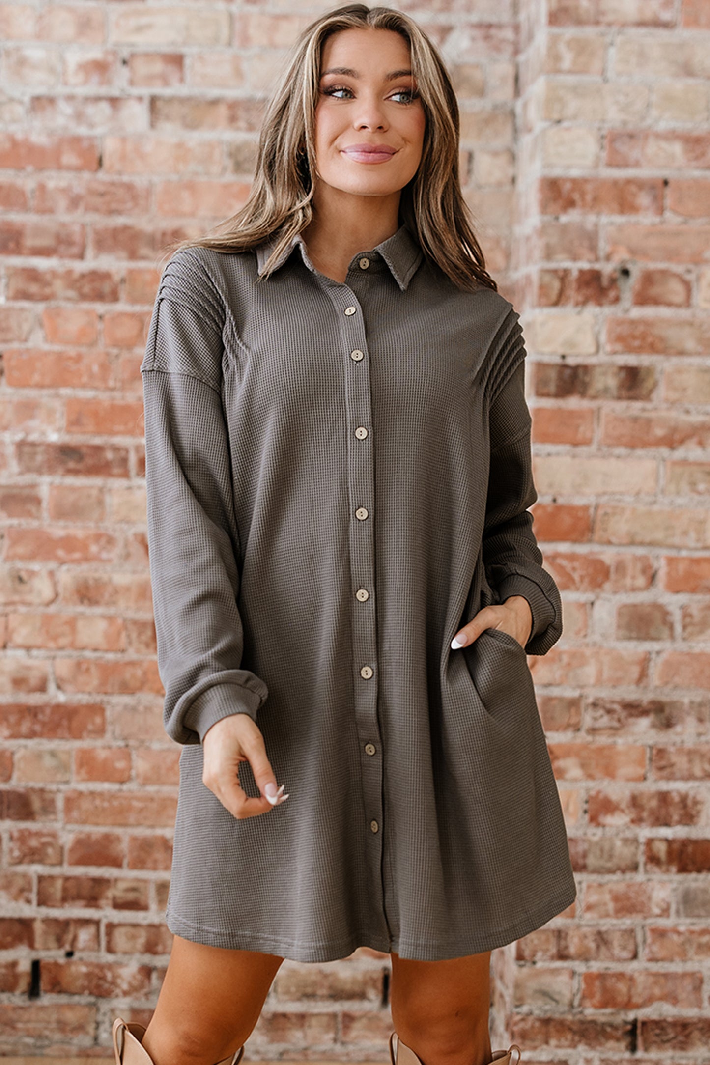 Simply Taupe Waffle Knit Shirt Tunic Dress