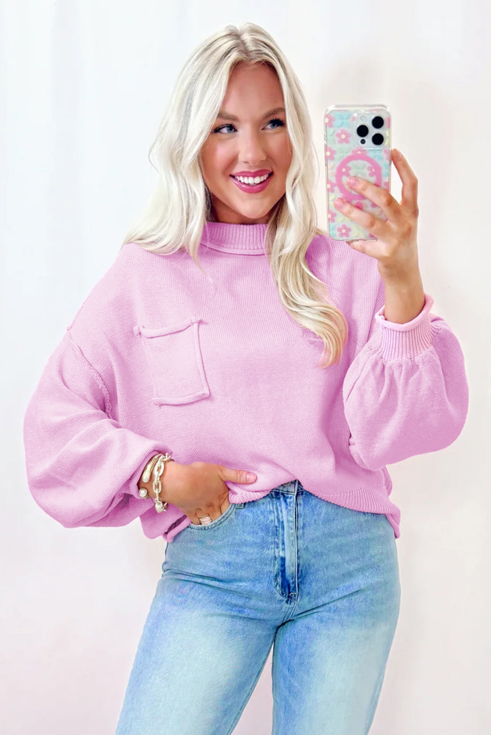 Pink Raw Edge Ribbed Detail Drop Shoulder Sweater /