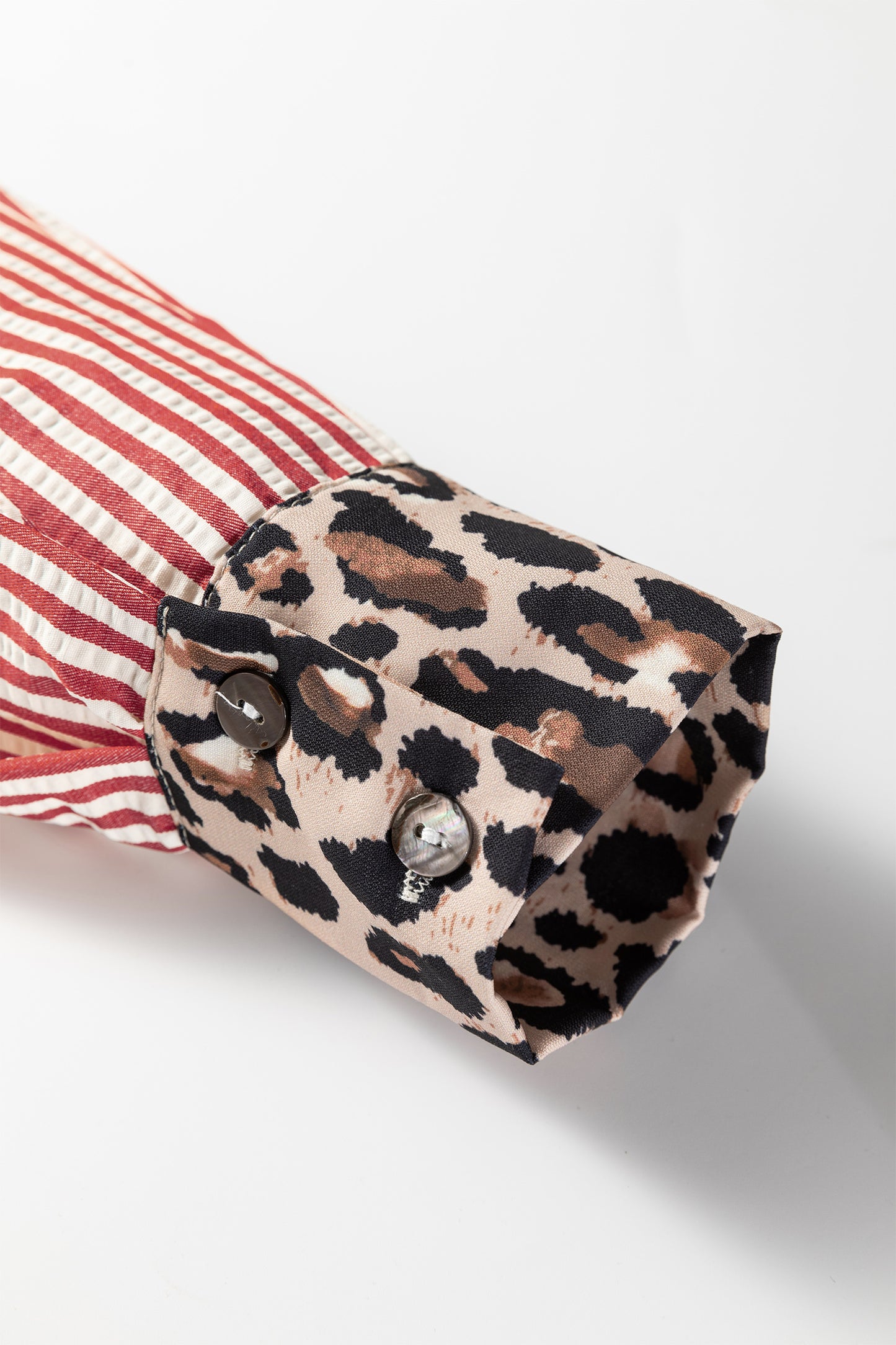 Racing Red Striped Leopard Print Patchwork Button Up Womens Shirt