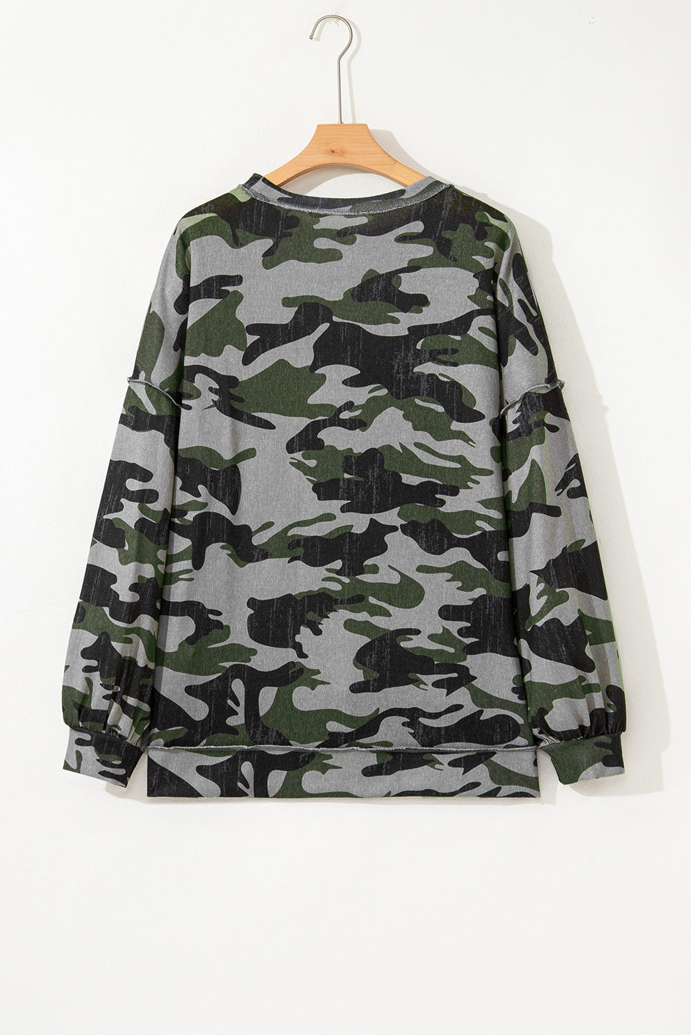 Green Retro Camouflage Print Exposed Seam Patchwork Drop Shoulder Sweatshirt