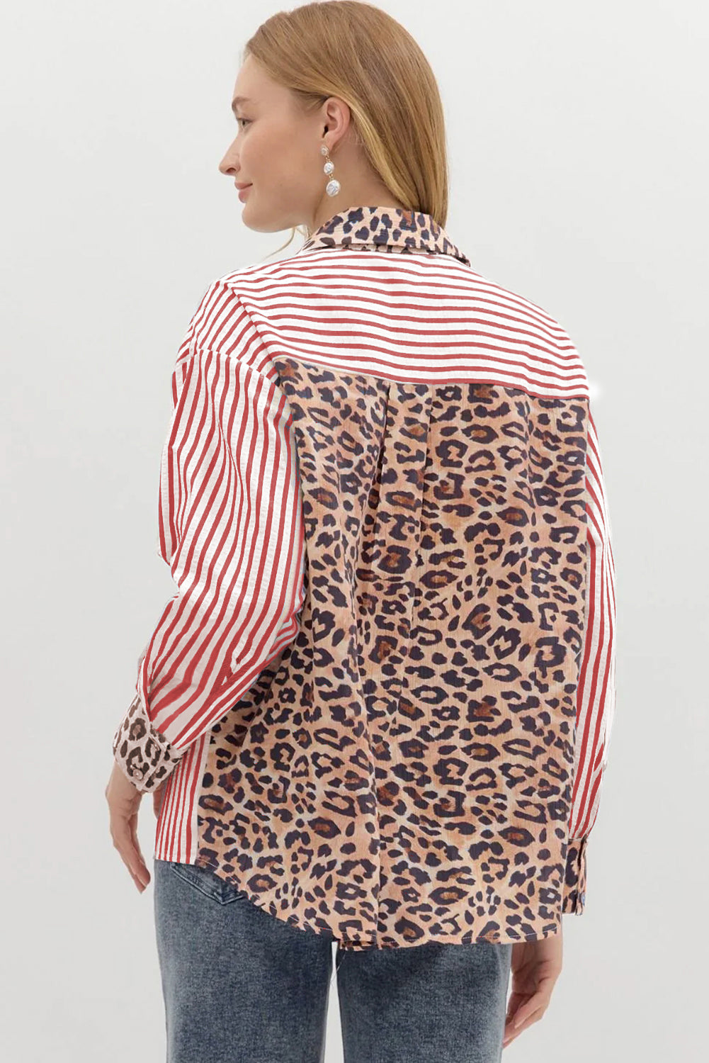 Racing Red Striped Leopard Print Patchwork Button Up Womens Shirt