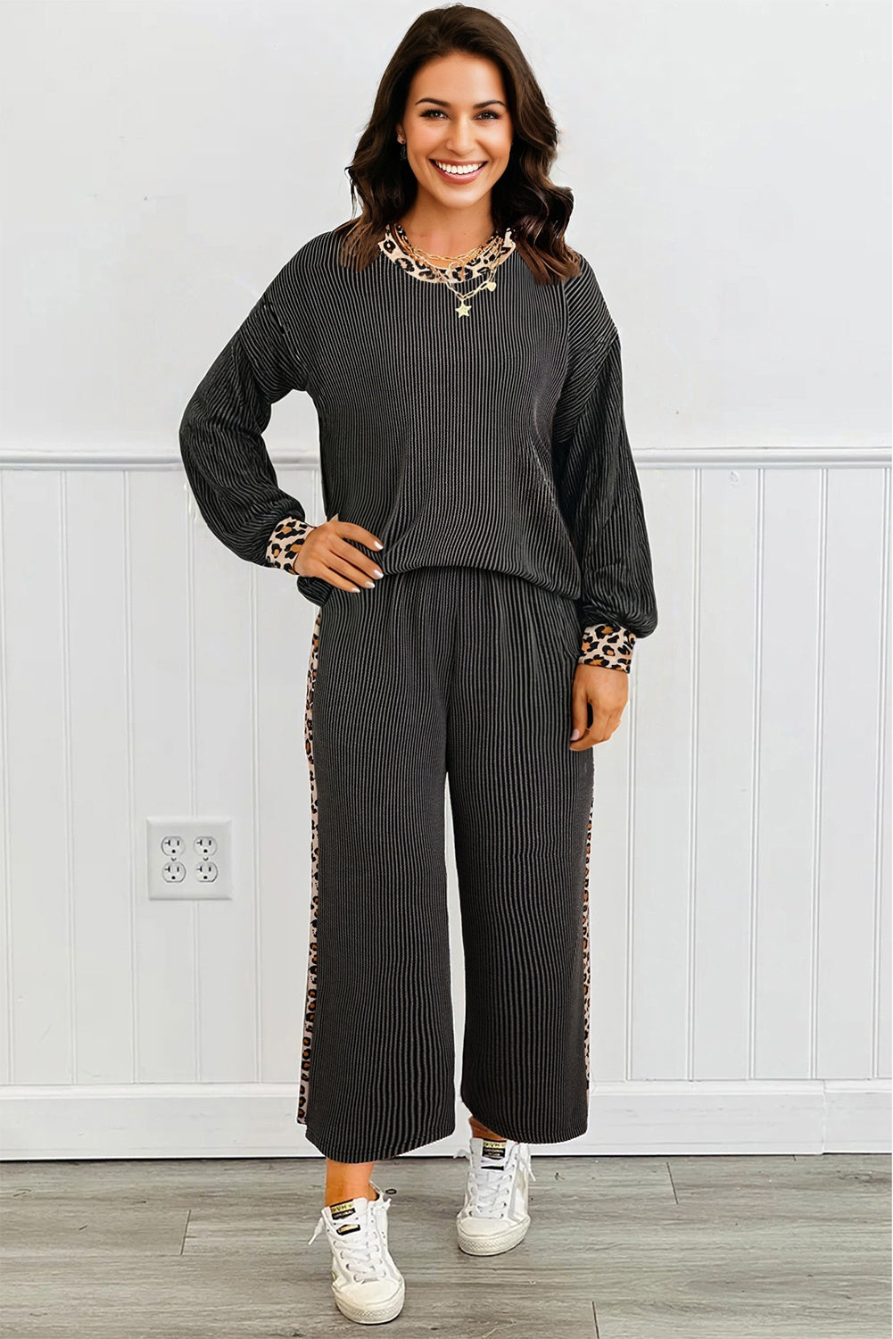 Carbon Grey Twisted Rib Texture Leopard Patchwork Detail 2pcs Pant Set