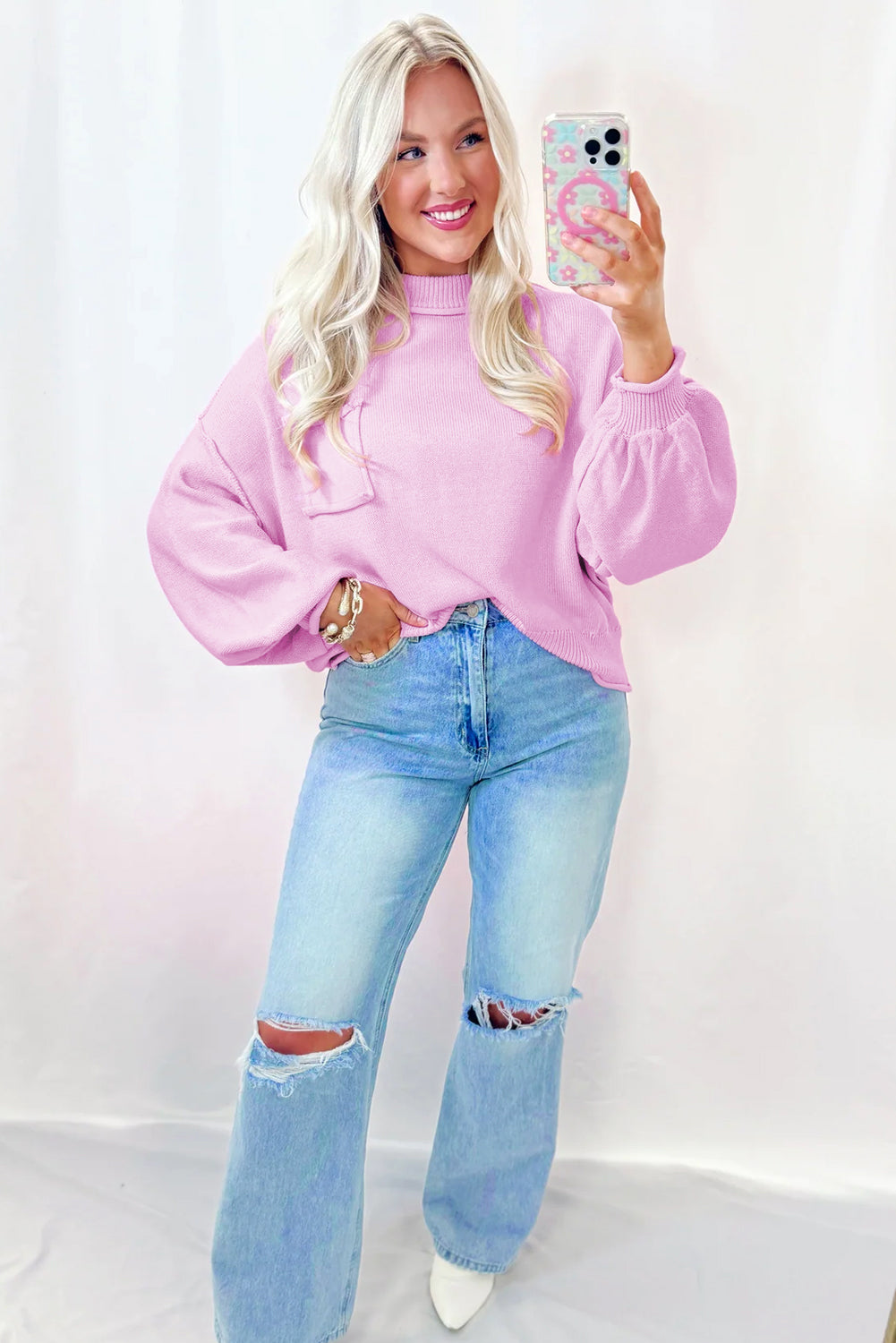 Pink Raw Edge Ribbed Detail Drop Shoulder Sweater /