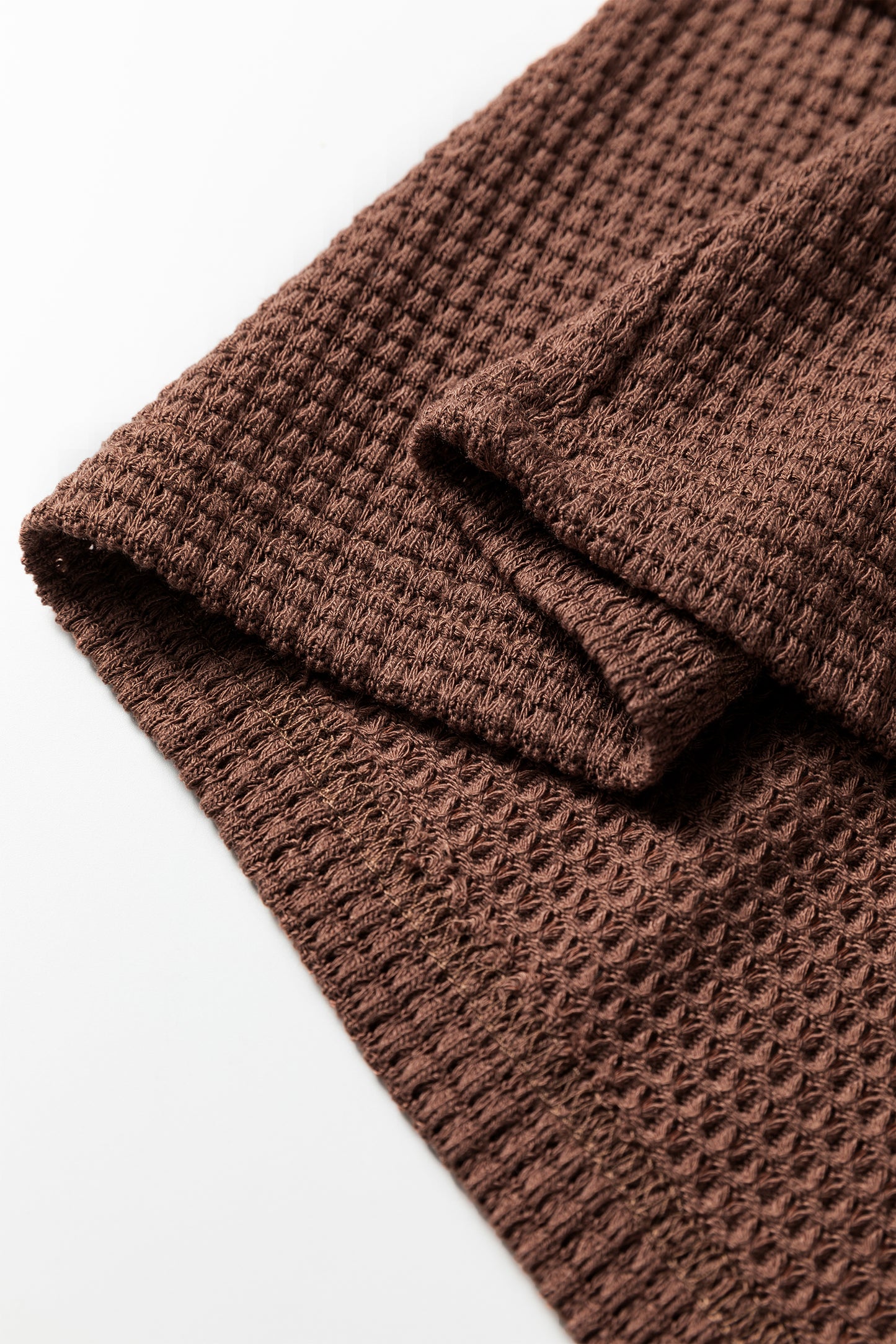 Coffee Waffle Contrast Half Buttoned Hooded Pullover Top