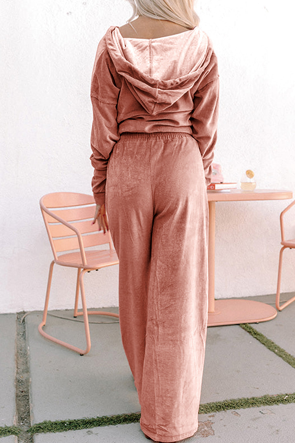 Peach Blossom Velvet Zip-up Hoodie and Wide Leg Pants Set 1