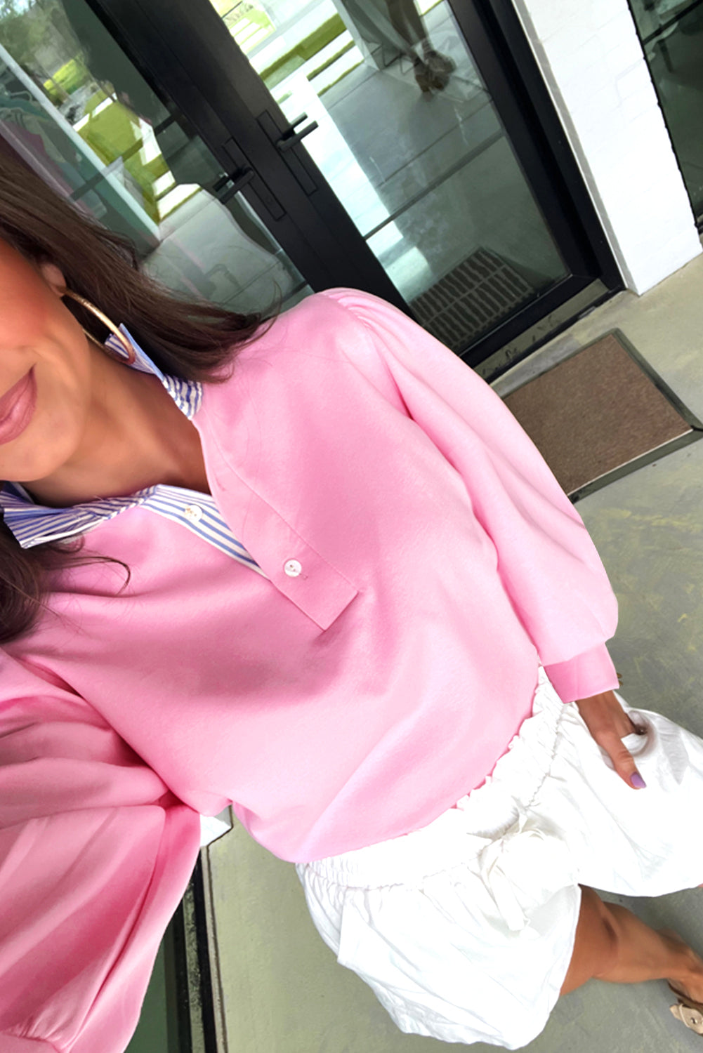 Bonbon Button Striped Collar Patchwork Puff Sleeve Sweatshirt