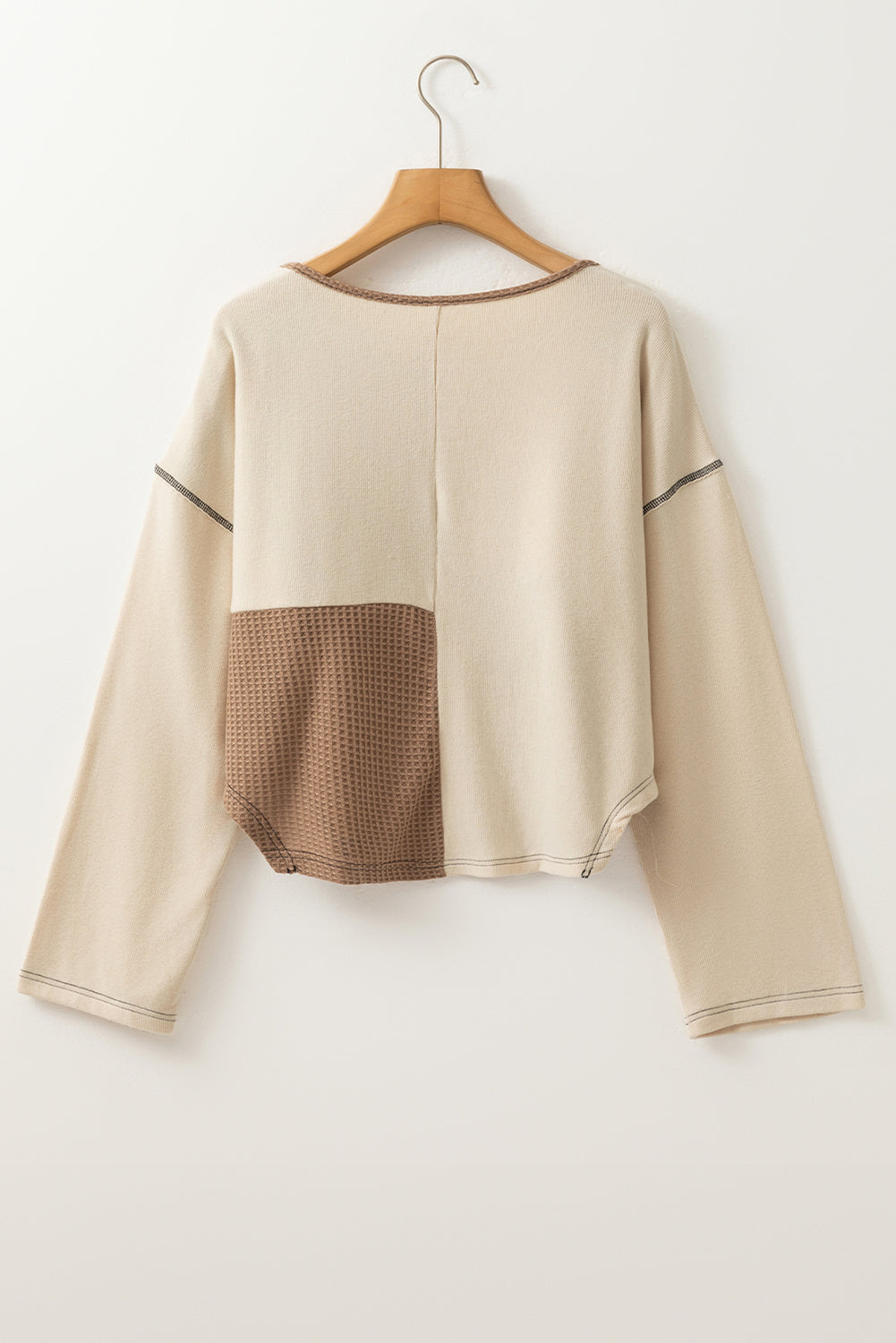 Beige Color Block Waffle Knit Stitch Detail Long Sleeve Top