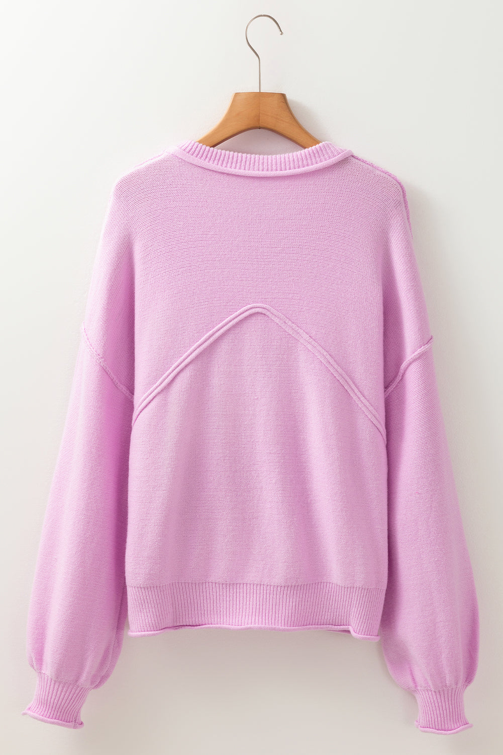 Pink Raw Edge Ribbed Detail Drop Shoulder Sweater /