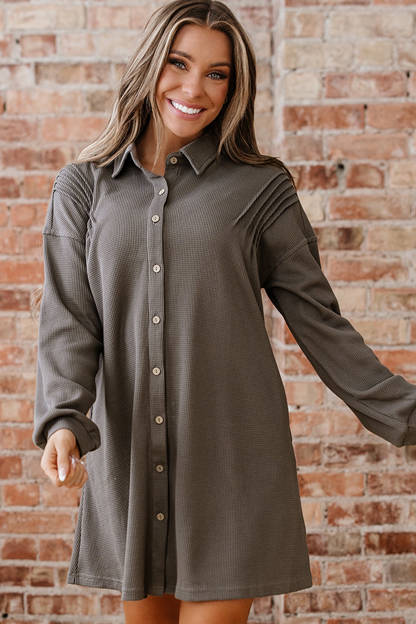 Simply Taupe Waffle Knit Shirt Tunic Dress