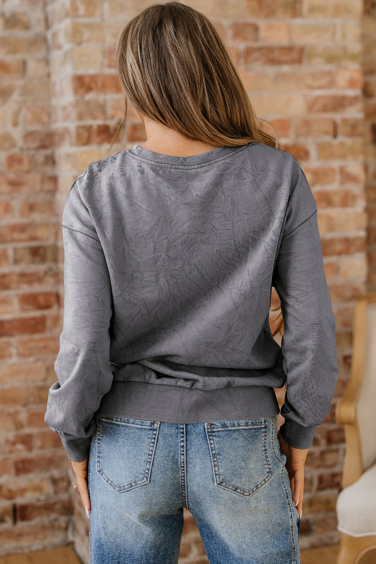 High-rise saved by grace Letter Embroidery Mineral Wash Loose Sweatshirt