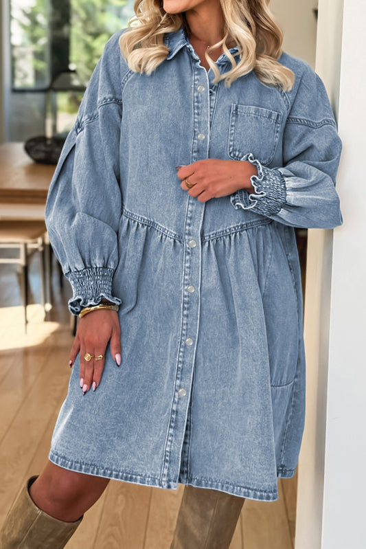 Beau Blue Smocked Cuffs Flared Denim Shirt Mini Dress