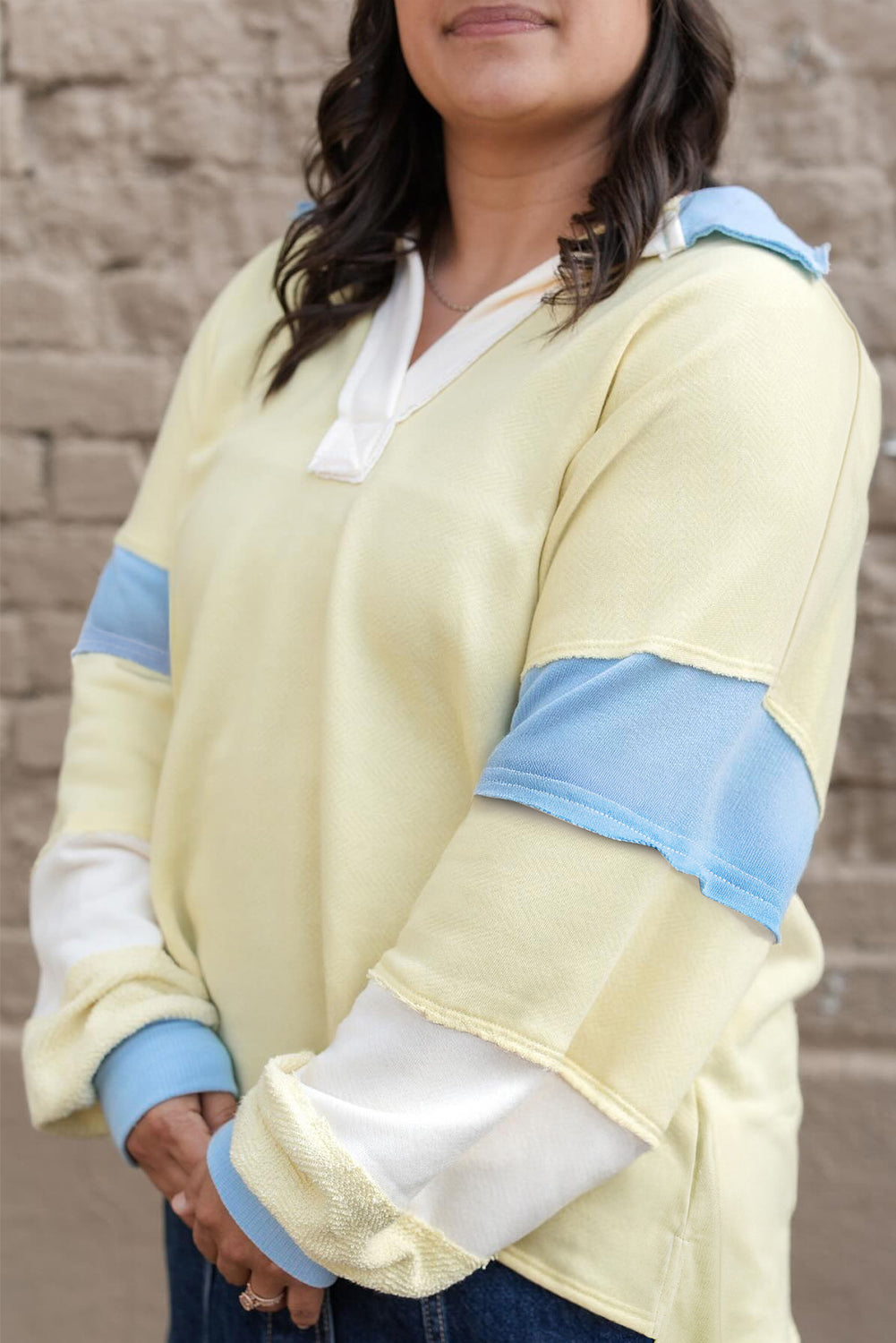 Yellow Cream Raw Seam Color Block Patchwork Plus Size V Neck Pullover