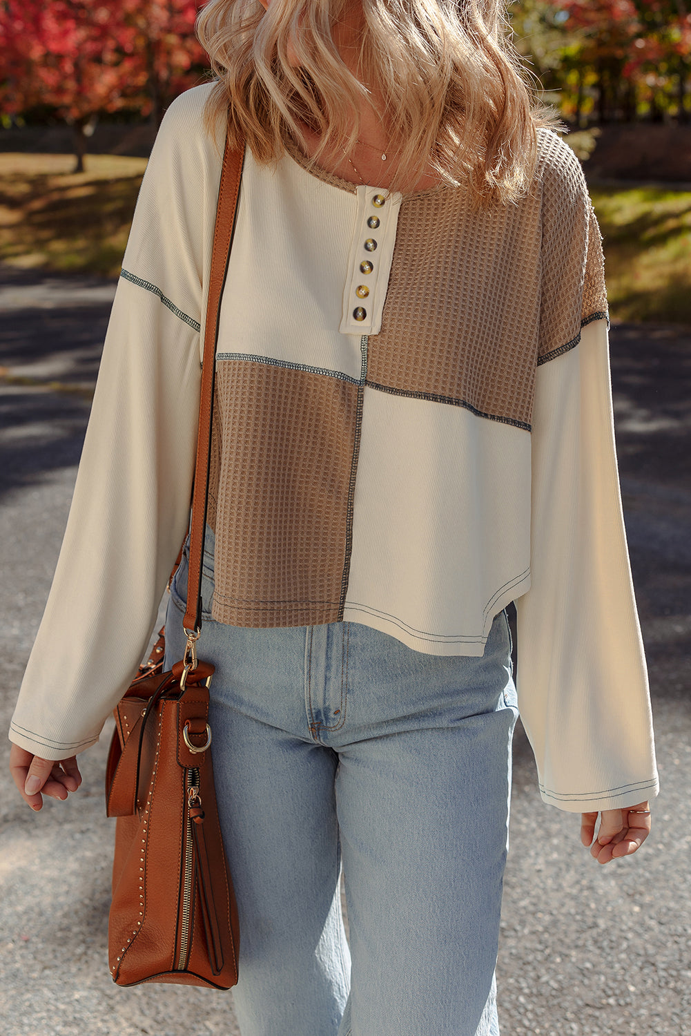 Beige Color Block Waffle Knit Stitch Detail Long Sleeve Top
