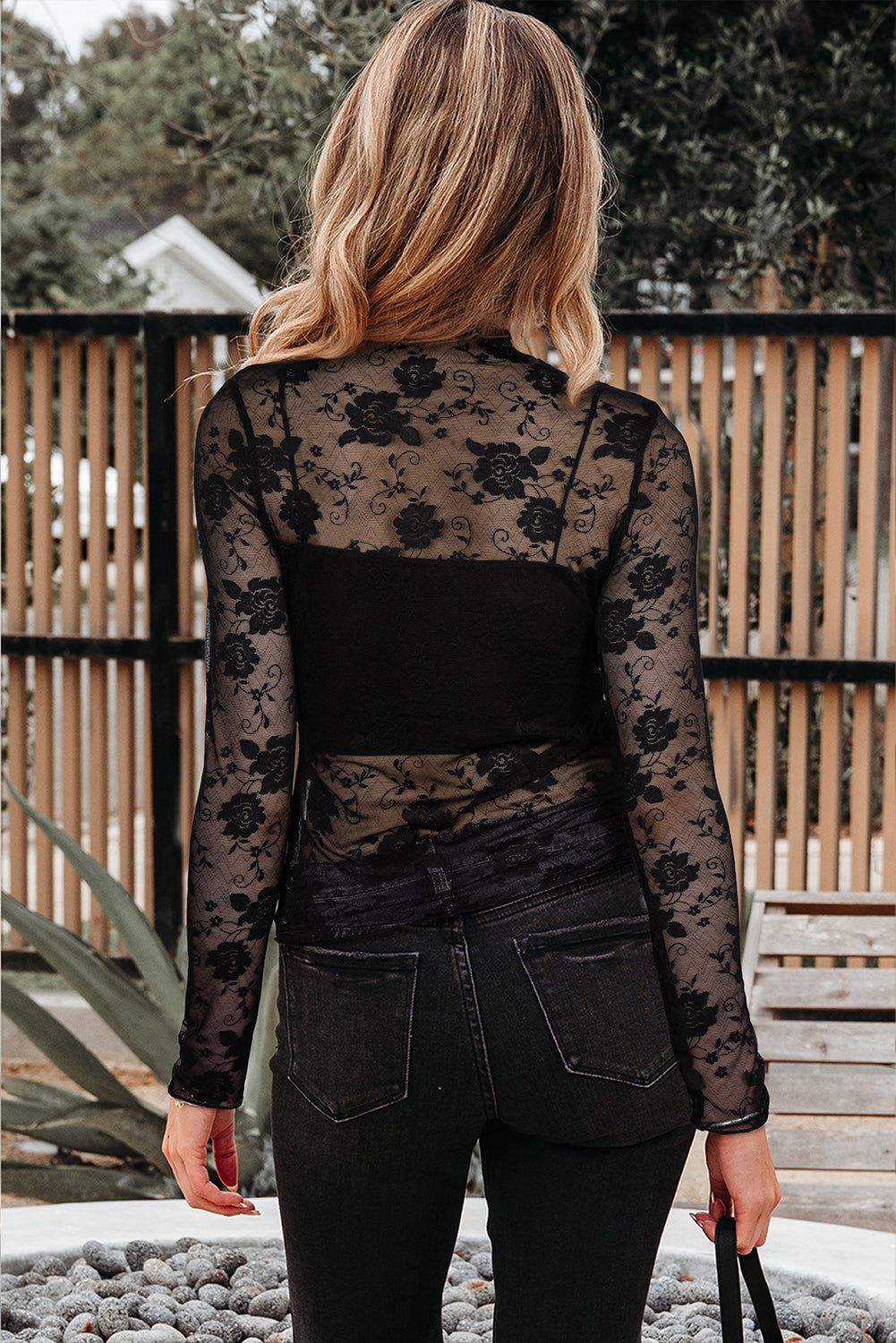 Black Sheer Floral Lace Mesh Mock Neck Long Sleeve Top