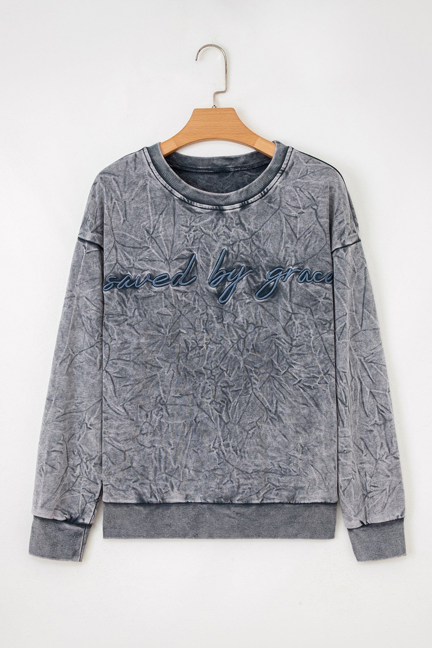 High-rise saved by grace Letter Embroidery Mineral Wash Loose Sweatshirt