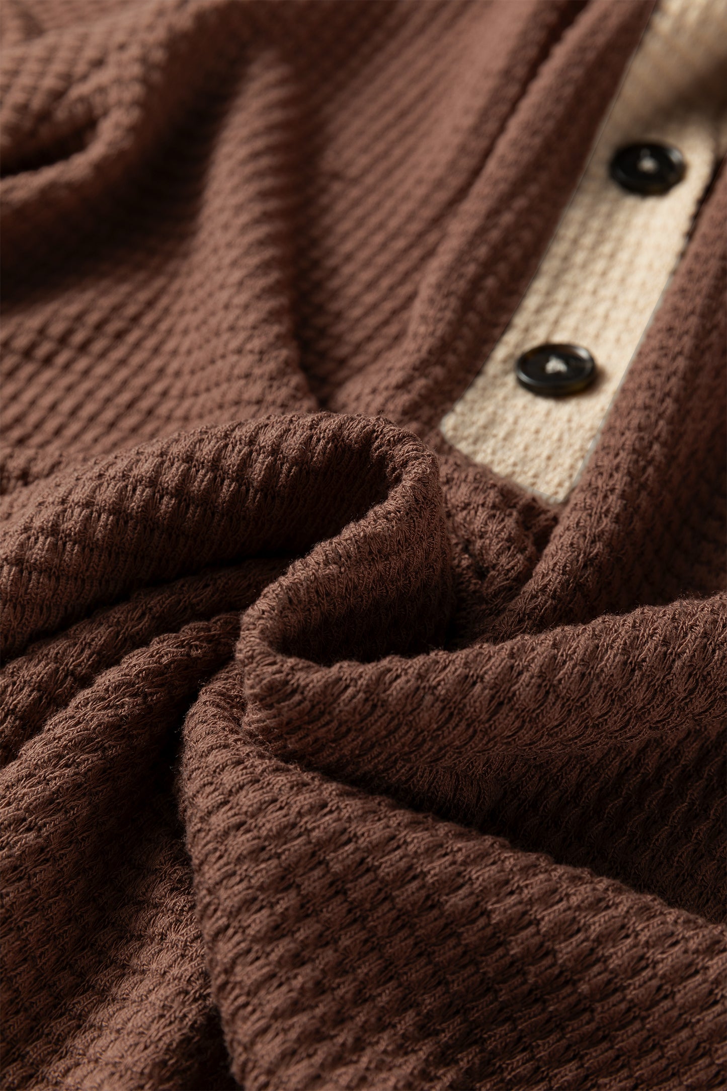 Coffee Waffle Contrast Half Buttoned Hooded Pullover Top