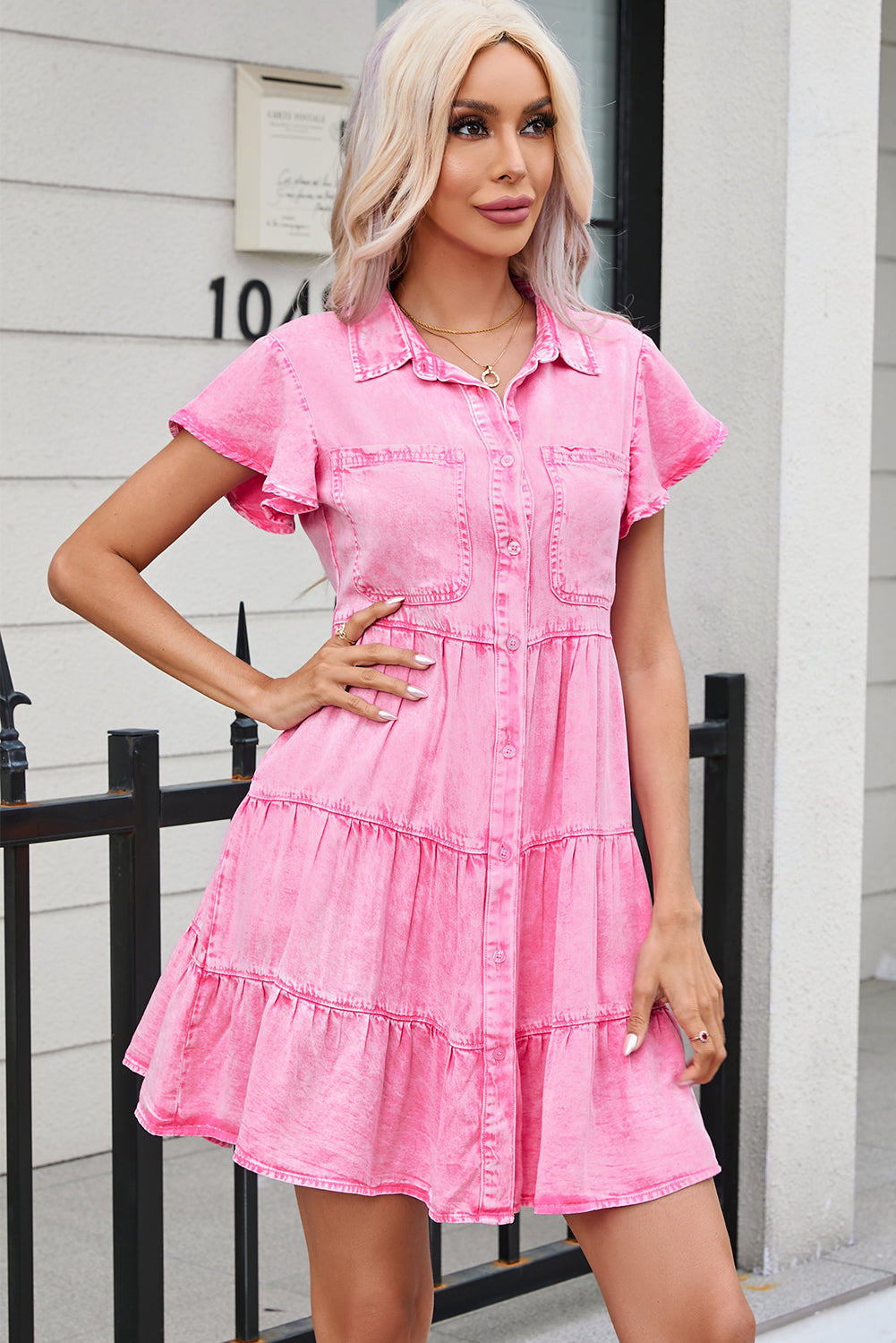 Bonbon Mineral Washed Ruffle Sleeve Tiered Chambray Dress