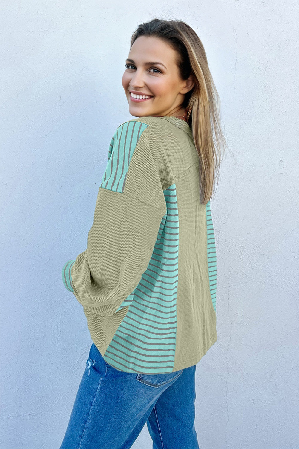 Meadow Mist Green Exposed Seam Waffle Striped Patchwork Baggy Pullover